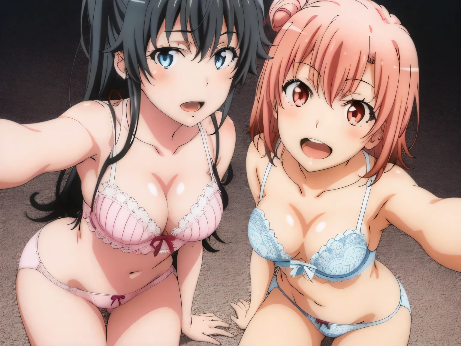 2 girls , Yukinoshita Yukino , yuigahama yui'the bust is amazing,In underwear,bring your face closer to the camera,pink silk panties,white silk panties,thighs,cowboy shot,high angle,beautiful eyes,open mouth smile,look at the camera,camera up to head
