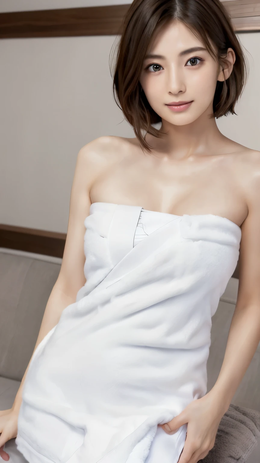 2 women、(masterpiece:1.3), (8K, Photoreal, Raw photo, best image quality: 1.4), Japanese, (2 girls), beautiful face, (lifelike face), (short hair:1.3), beautiful hairstyle, realistic eyes, beautiful eyes, (real looking skin), beautiful skin, Charm, 超A high resolution, surreal, high detail, golden ratio, detail makeup,see the beholder,medium chest、((Naked with a white towel))、wet hair、Face wet with sweat、Sweaty body、trimmed pubic hair、((whole body))、living room sofa、standing、