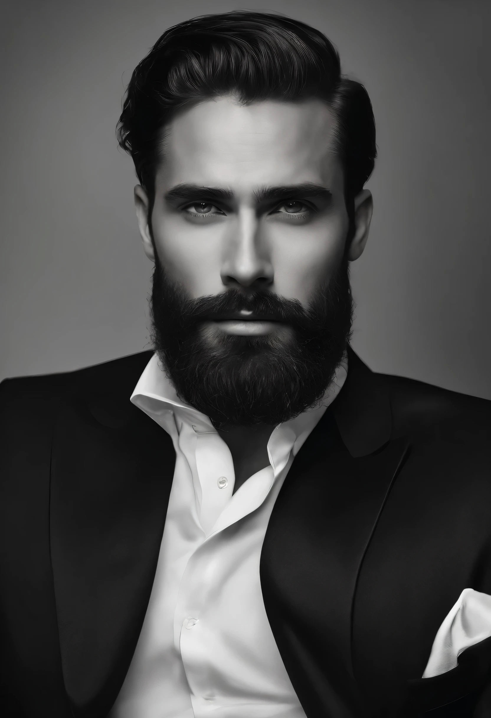 Up、Make a handsome man in his 30s in a black suit and tie, vd, brown hair and beard, (Man in black suit and tie), ), (Use a beard,) Attractive and serious look, short dark hair, Stylish and elegant, Suit-fit shave and strong body, (hightquality, Realistic images), Dark black and light on image background, Film Style, ((top-quality, 8K, ​masterpiece), ultra hi definition photo, (beautiful faces detailed, detail skin texture, hyperdetailed body:1.1)