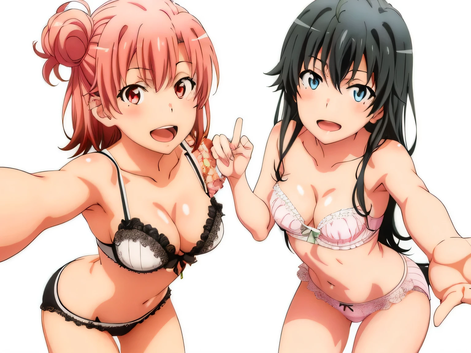 2 girls , Yukinoshita Yukino , yuigahama yui&#39;the bust is amazing,In underwear,bring your face closer to the camera,pink silk panties,white silk panties,thighs,cowboy shot,high angle,beautiful eyes,open mouth smile,look at the camera,camera up to head