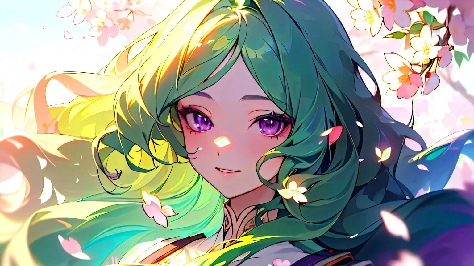 ((masterpiece,High resolution,8K quality,highest quality)),1 girl,((highly detailed face)),woman,delicate eyes,((purple eyes)),((hairstyle:Wavy long hair,green hair)),Lens flare,dramatic makeup,Diffuse reflection of smile light(Colorful:1.5),cherry blossoms,Petals flutter,