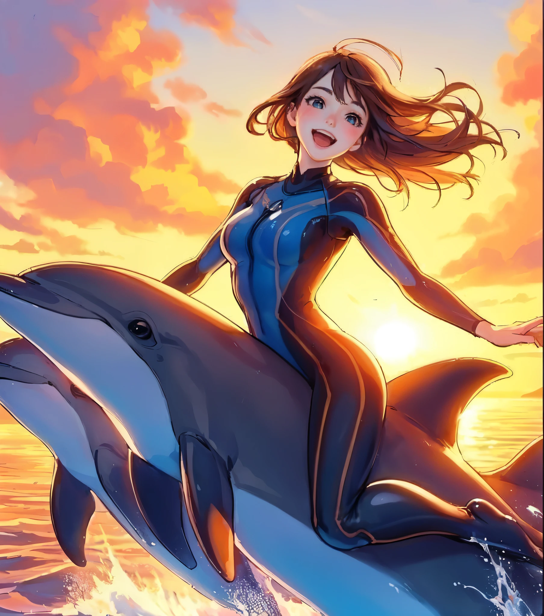 1lady solo, (riding a dolphin:1.2), (dynamic posing), (wetsuit) stylish, mature female, /(brown gray hair/) wind, blush happy smile, (open mouth) (teeth:0.8), (masterpiece best quality:1.2) delicate illustration ultra-detailed, medium breasts BREAK (dolphins leaping and dancing:1.2), (realistic dolphin), splash BREAK /(vast ocean/) outdoors, dolphins, sea surface, sunset sky, at dusk, detailed background