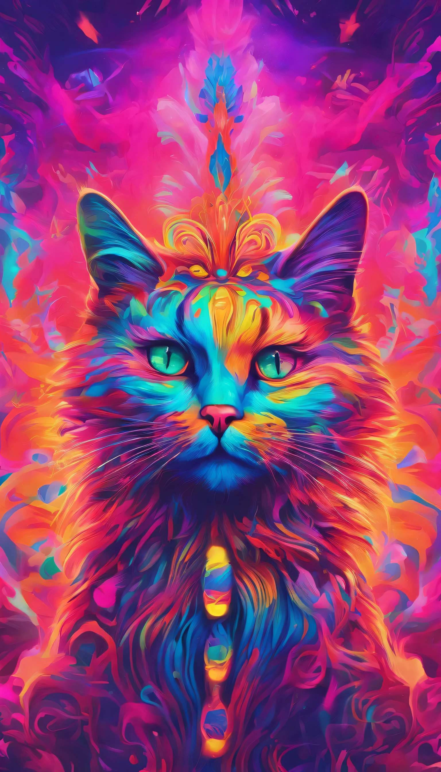 a cat with a neon makeup and headdress , transgressive art, sharp focus, 8 k, octane render , saturated colors, pastel colors