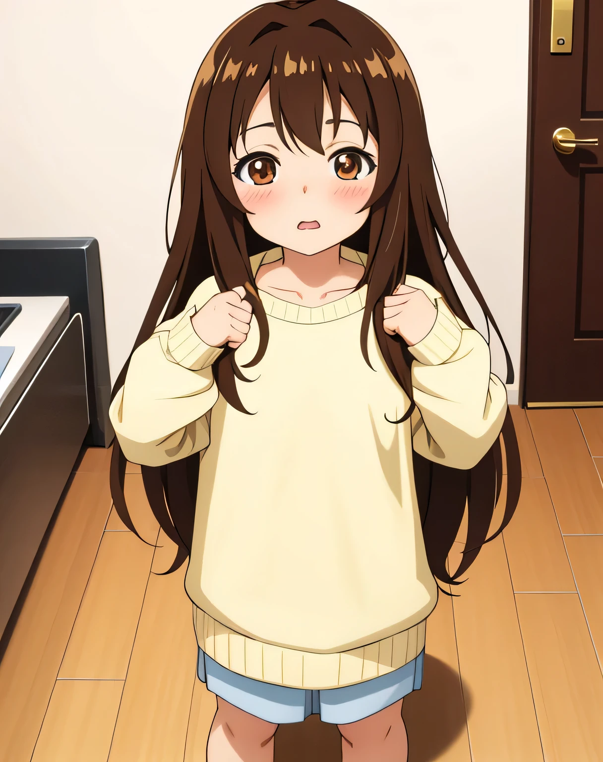 An anime girl kid around 5 years old with long brown chestnut hair and golden brown eyes with an natural expression and small stature with a sweater on 