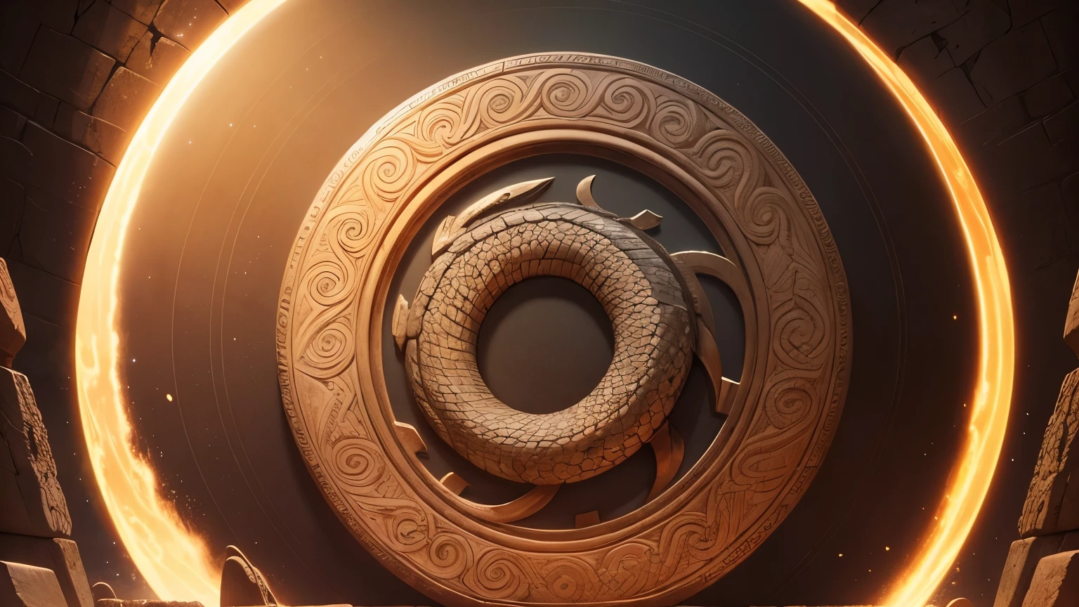 Ouroboros, the serpent holding its own tail, a stone monuments of ancient civilizations representing the universe