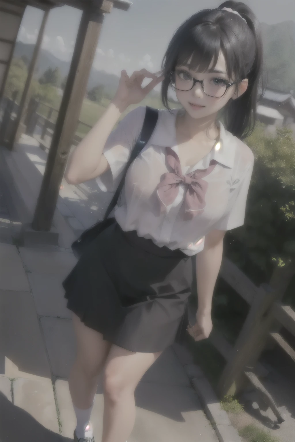 ((wide angle, full body)) beautiful female tourist, black hair tied in a ponytail, bangs, wearing large glasses, smiling at the corners of the mouth, ((wearing a preppy style outfit)) morning light, Shirakawa-go Japan