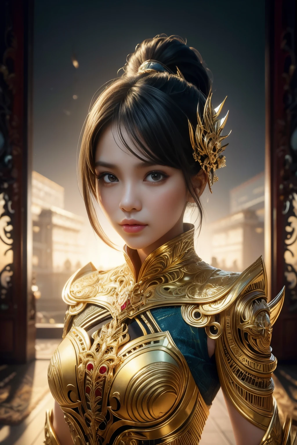 An Indonesian-styled futuristic suit worn by a girl depicting cultural fusion and modern fashion. The suit is adorned with intricate patterns and vibrant colors, showcasing the rich heritage of Indonesia. The girl stands confidently in a dynamic pose, with her detailed eyes reflecting determination and curiosity. The suit's material is a combination of traditional textiles and futuristic synthetic fabrics, giving it a unique and avant-garde appearance. The overall image quality is of the highest standard, with sharp focus and ultra-detailed rendering. The artwork employs physically-based rendering techniques, resulting in realistic lighting and shadows. The colors are vivid and vibrant, capturing the essence of Indonesian cultural aesthetics. The background features a fusion of modern architecture and traditional elements, creating a harmonious blend of the past and the future. The prompt explores the intersection of Indonesian culture, futuristic design, and the artistic representation of a confident girl