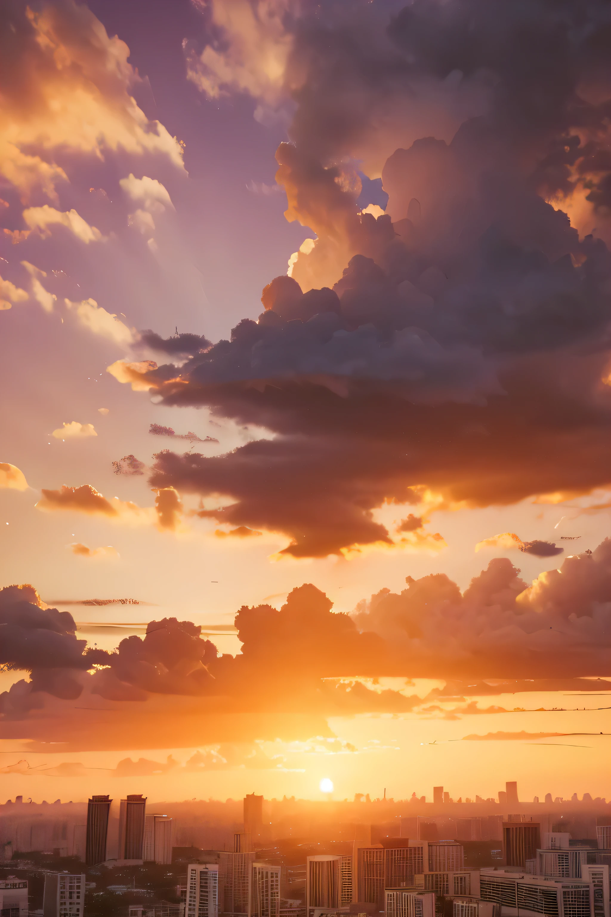 sunset scene,thick clouds,Lovely 3D rendering,Sky,orange tint,several cities,Sky为主题,Sun rain