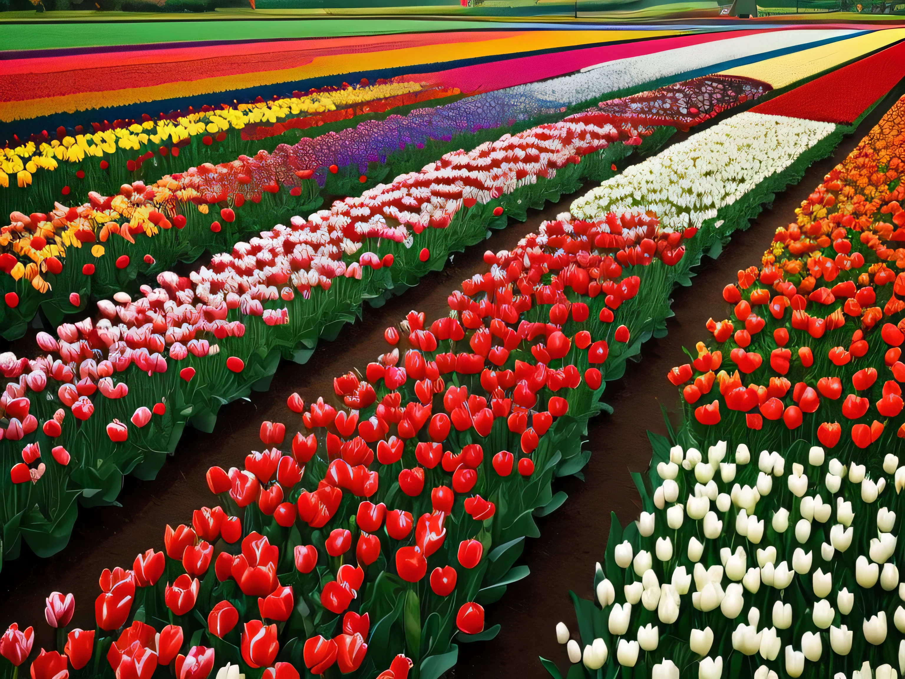 Keukenhof tulip field, Netherlands, Millions of colorful tulips planted in a vast area, Zaanse Chance windmill, Netherlands, Windmill Village,