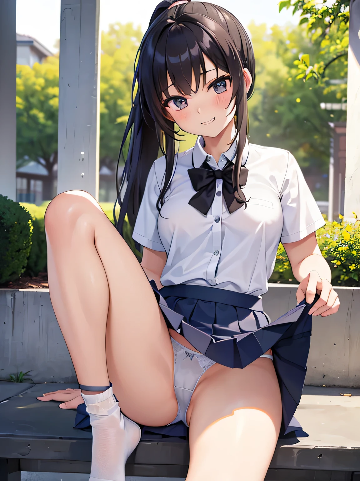 (1) There is a high school girl with beautiful legs., (She lifts up her skirt to show off her beautiful bare legs and panties:1.5),
(3) A high school girl wearing a white collared shirt and a navy blue uniform blazer.、The skirt is a mini version of the gray uniform skirt..、My feet are wearing loose socks.,
(4) The visible pants are simple white cotton..,
(5) high school girl with brown ponytail, shining eyes, A provocative grin,
(6) The location is the high school courtyard..,
(7) highest quality, High resolution, realistic pictures, realistic skin,