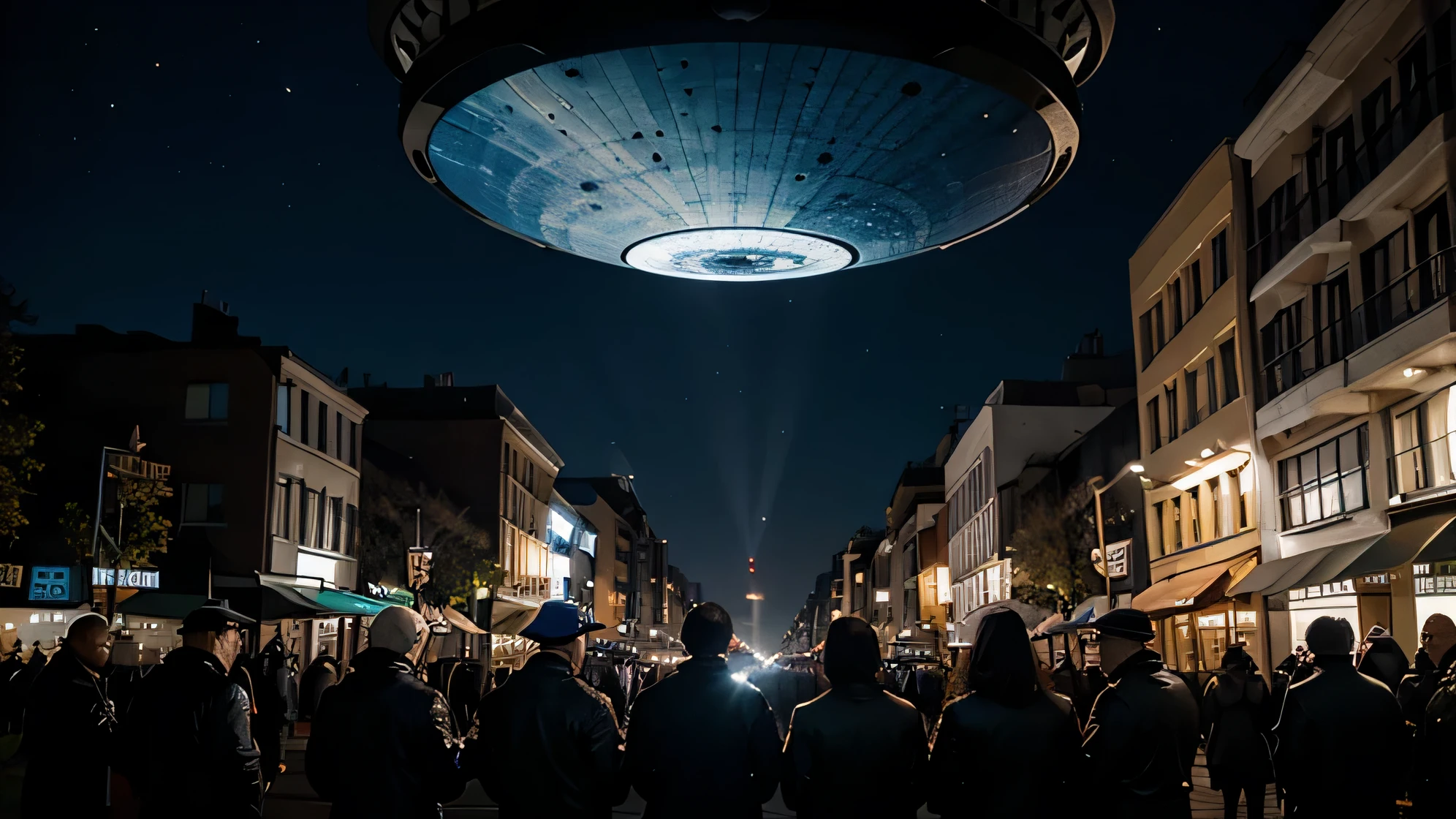 People gather in the streets looking at the sky fall of alien plates.