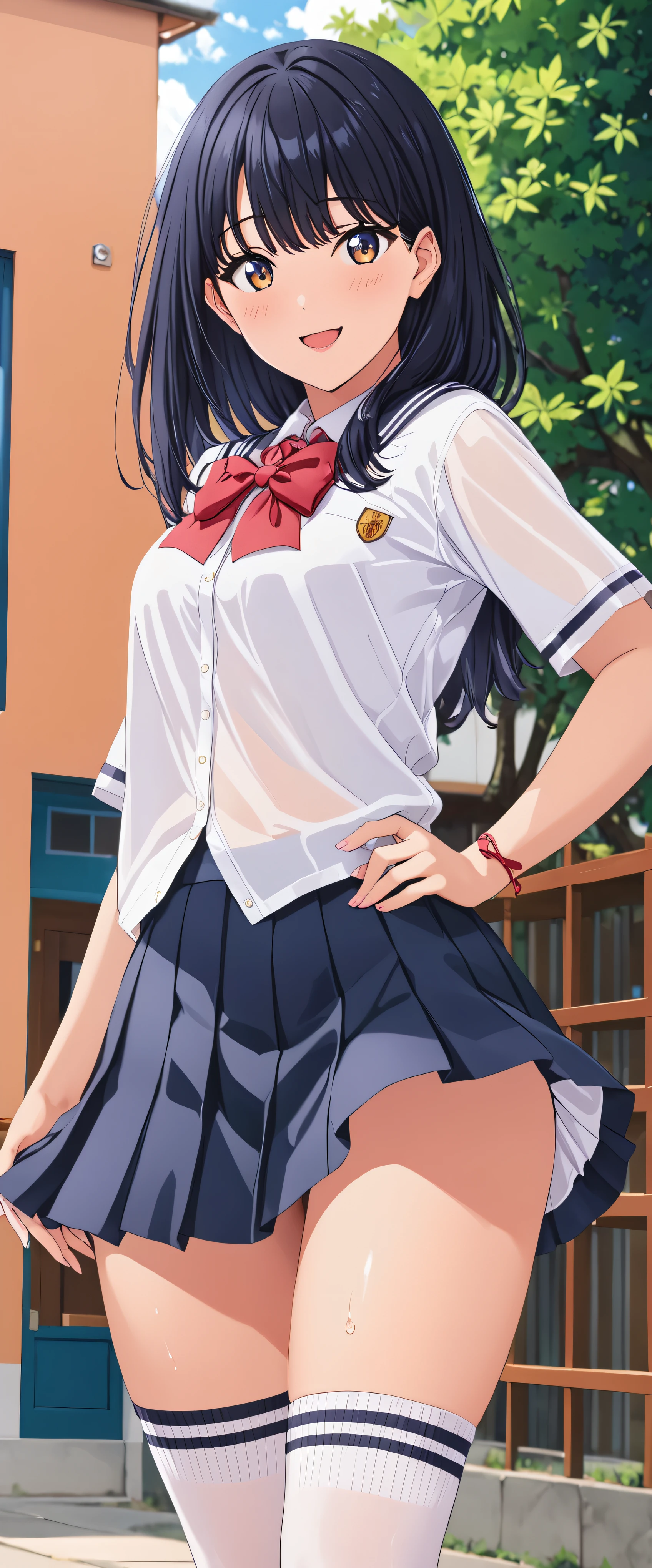 woman,20-year-old,School,noon,(((Miniskirt School Uniform))),,open mouth smile((knee high socks))(((See-through))),(big ass),((black hair)),blush、surprised face,((look back))(wet state)I can see your pants,(((lift the skirt)))