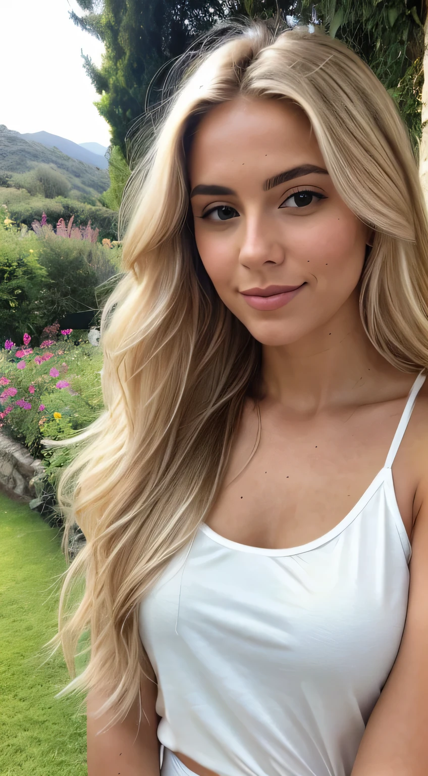 A 23-year-old blonde woman.., ((pechos grandes)), ((hiperrealismo)) ,. blonde hair with light brown roots. cabello rubio, Hair with brown roots, cabello extra largo, cabello muy largo, pelo muy largo, Hermoso, Vista frontal, autofoto, foto tomada con iPhone, elegante camisa negra con escote, escotada, autofoto en el jardin, alta calidad, automatic iPhone, escote
