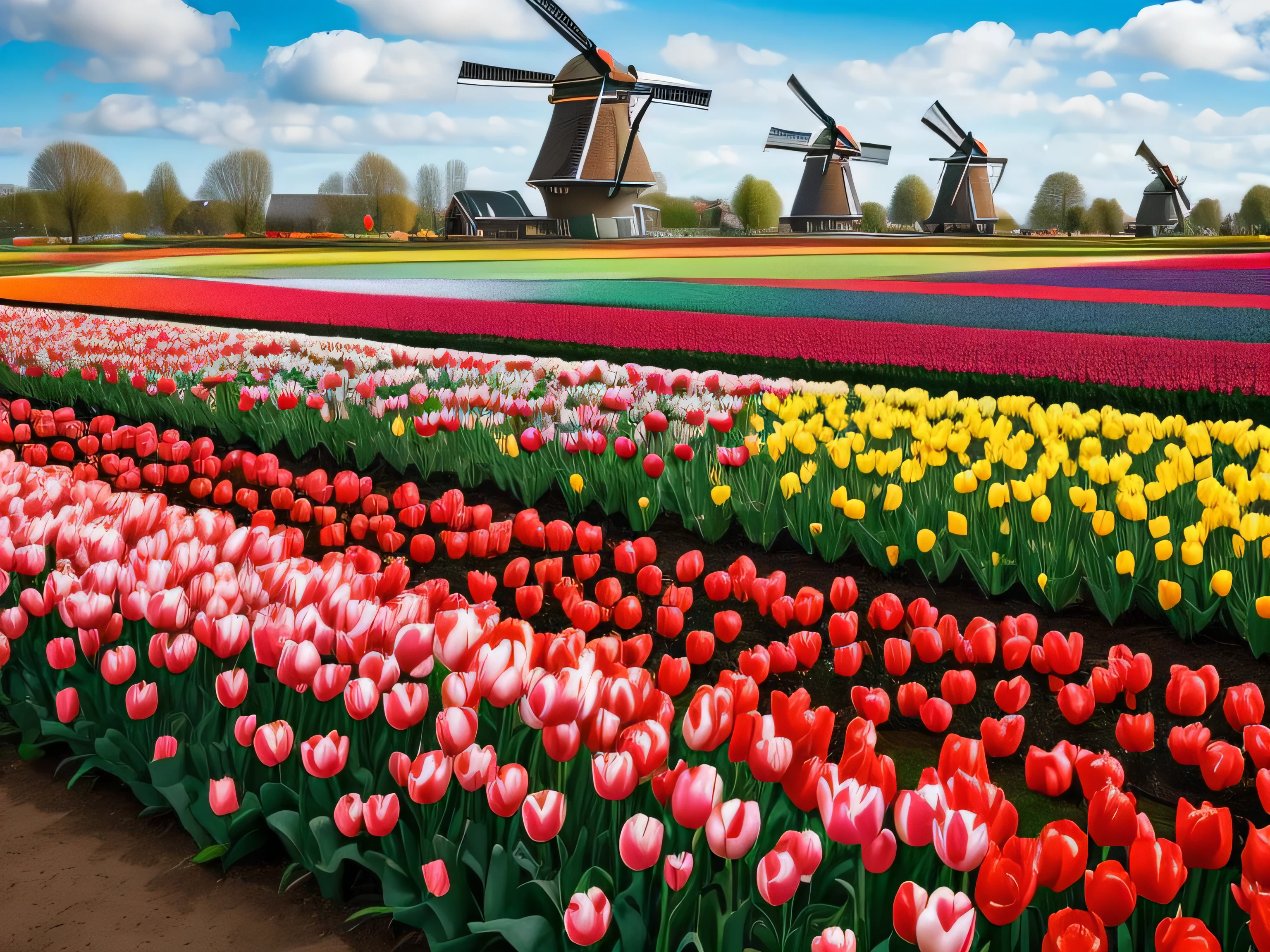 Keukenhof tulip field, Netherlands, Millions of colorful tulips planted in a vast area, Zaanse Chance windmill, Netherlands, Windmill Village,pink、