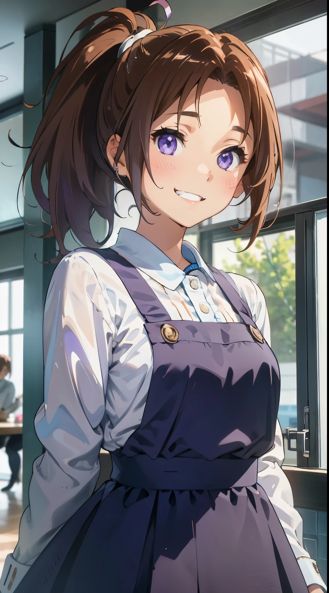 1 girl、(perfect face)、brown hair ponytail、beautiful purple eyes、Clothes based on white color、blue skirt、comfortable、Calm、indoor、Morning Cafe、Shiny and smooth skin、grin、expressive eyes, cute,