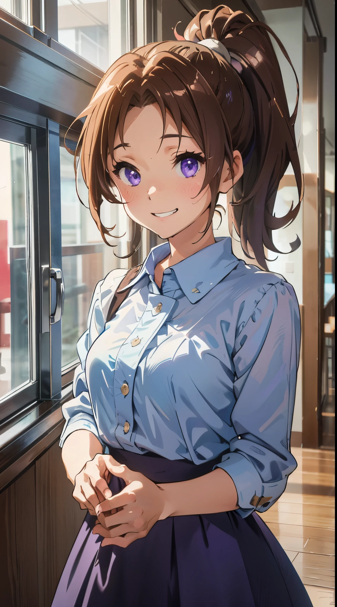 1 girl、(perfect face)、brown hair ponytail、beautiful purple eyes、Clothes based on white color、blue skirt、comfortable、Calm、indoor、Morning Cafe、Shiny and smooth skin、grin、expressive eyes, cute,