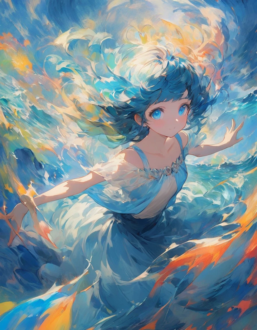 A captivating and surreal animated scene where people dance gracefully on the surface of the sea. The characters are a blend of Japanese anime and Van Gogh's vivid style, with bold colors and dynamic compositions. The sea is alive with the vibrant energy of the dancers, as their silhouettes merge with the ever-changing hues of the water and sky. The characters' emotions are expressed through exaggerated gestures and expressive eyes, evoking a dreamlike atmosphere that transports viewers to a realm of pure imagination.