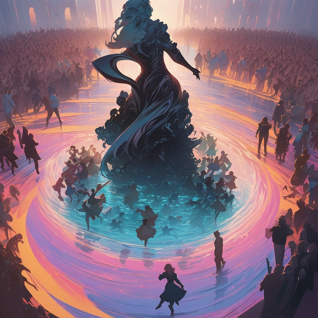 People Dancing on the Sea Surface, aesthetic, extremely detailed, People Dancing on the Sea Surface, Bioluminescent, in the Style of Artgerm and Charlie Bowater and Atey Ghailan and Mike Mignola, vibrant colors and hard shadows and strong rim light, Comic Cover Art, plain background, trending on artstation