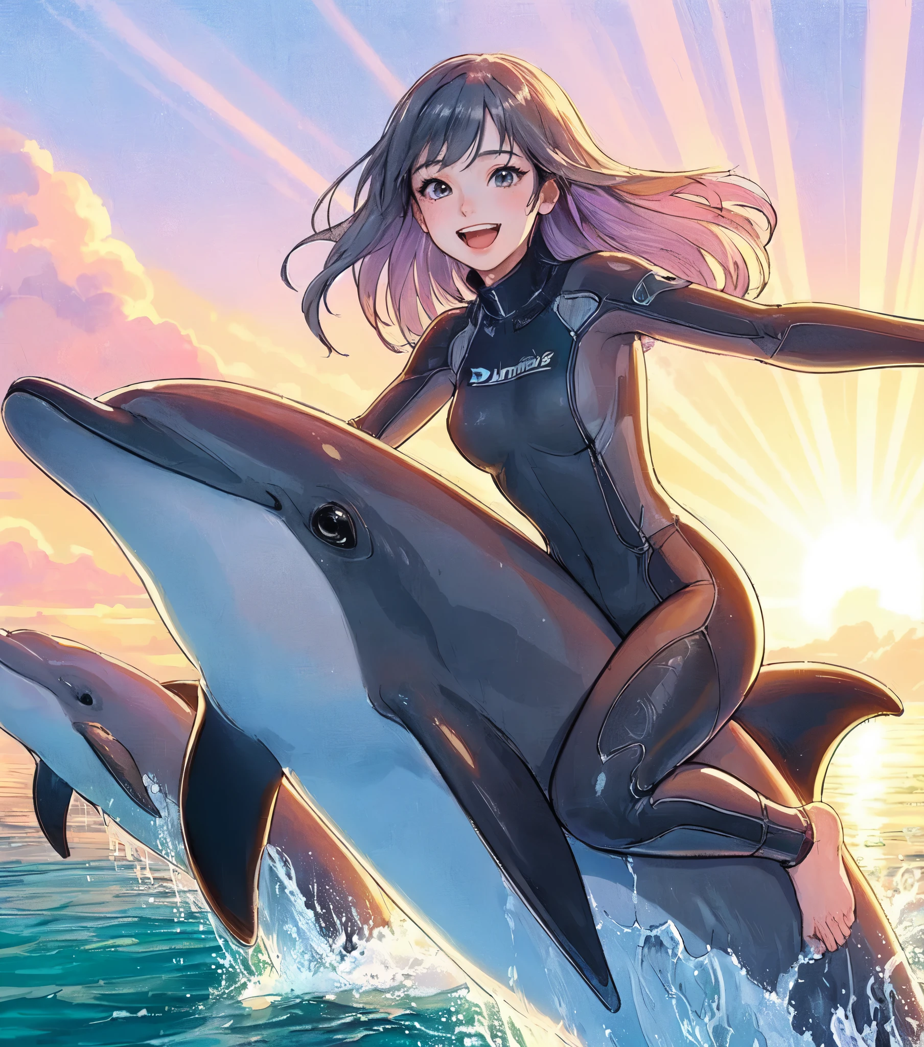 1lady solo, (riding a dolphin:1.2), (dynamic posing), (wetsuit) stylish, mature female, /(dark gray hair/) wind, blush happy smile, (open mouth) (teeth:0.8), (masterpiece best quality:1.2) delicate illustration ultra-detailed, medium breasts BREAK (dolphins leaping and dancing:1.2), (realistic dolphin), splash BREAK /(vast ocean/) outdoors, dolphins, sea surface, sunset sky, at dusk, detailed background