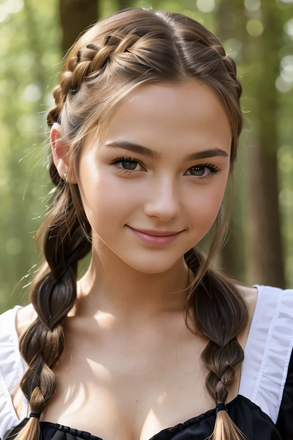 最high quality,masterpiece, 40German female 1名, alone, model shoot, wonderful, arena, (((I wore it))), View Users, smile, blush, hairpin,(( Braid)), hair ornaments, ((hair clip)), detailed face、masterpiece, 最high quality, high quality, High resolution、party drin the forest), ((40German female teenager)), srait、big bres、(costume_ranse up of face)))