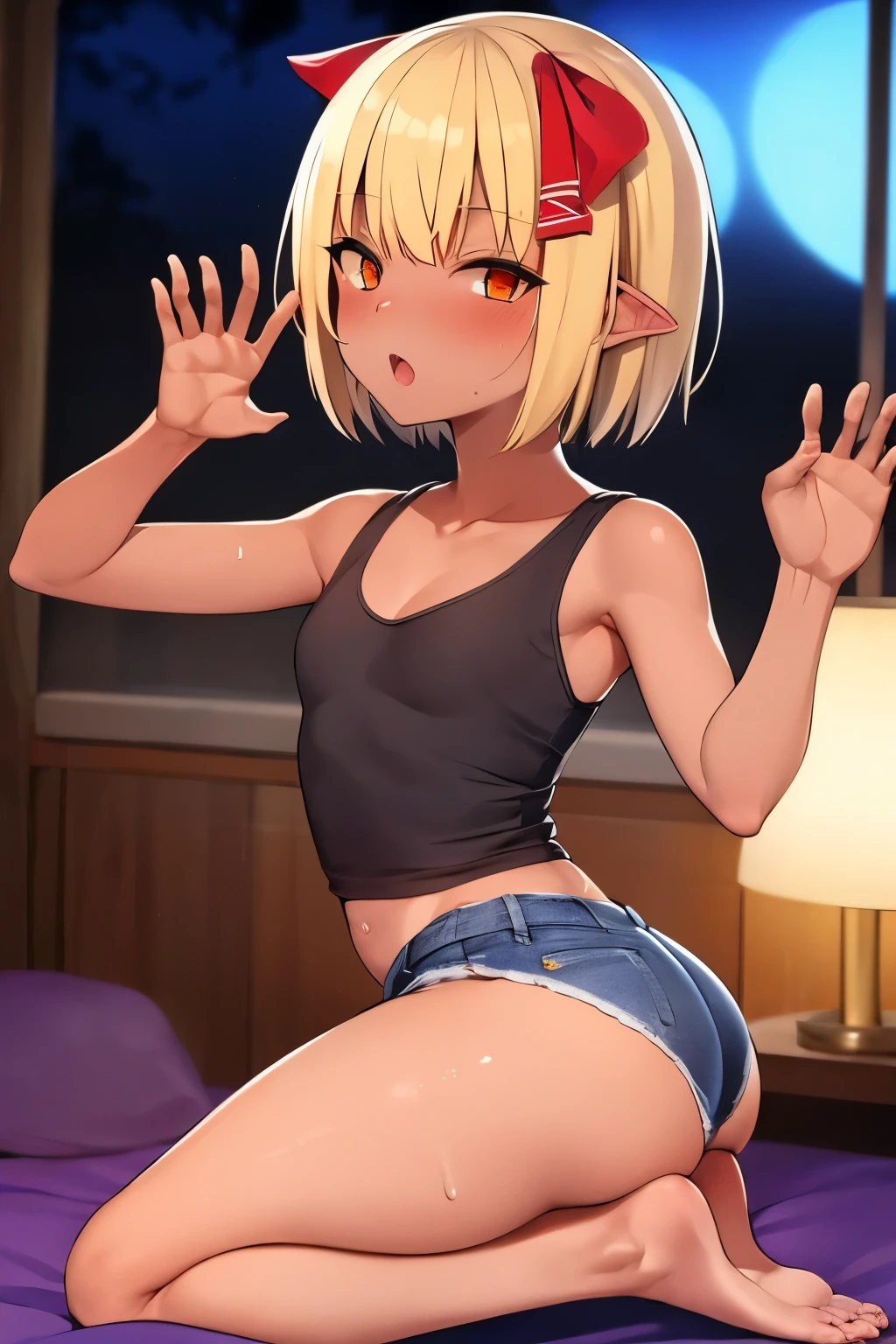 2D,highest quality,(masterpiece),(full body),Rumia,blonde,1 girl,,young,small ears,healthy dark skin,黒のdenim hot pants,Tank top,barefoot,barefoot,attractive thighs,butt,(red ribbon on head ),share,Bedroom,Get drunk,Sweat,upper grade,cheeks are bright red,(kneeling pose), (wave hands),Cute with bruises,erotic,i feel it,denim hot pants,night,breathing heavily,female brat,An evil kid like a little devil