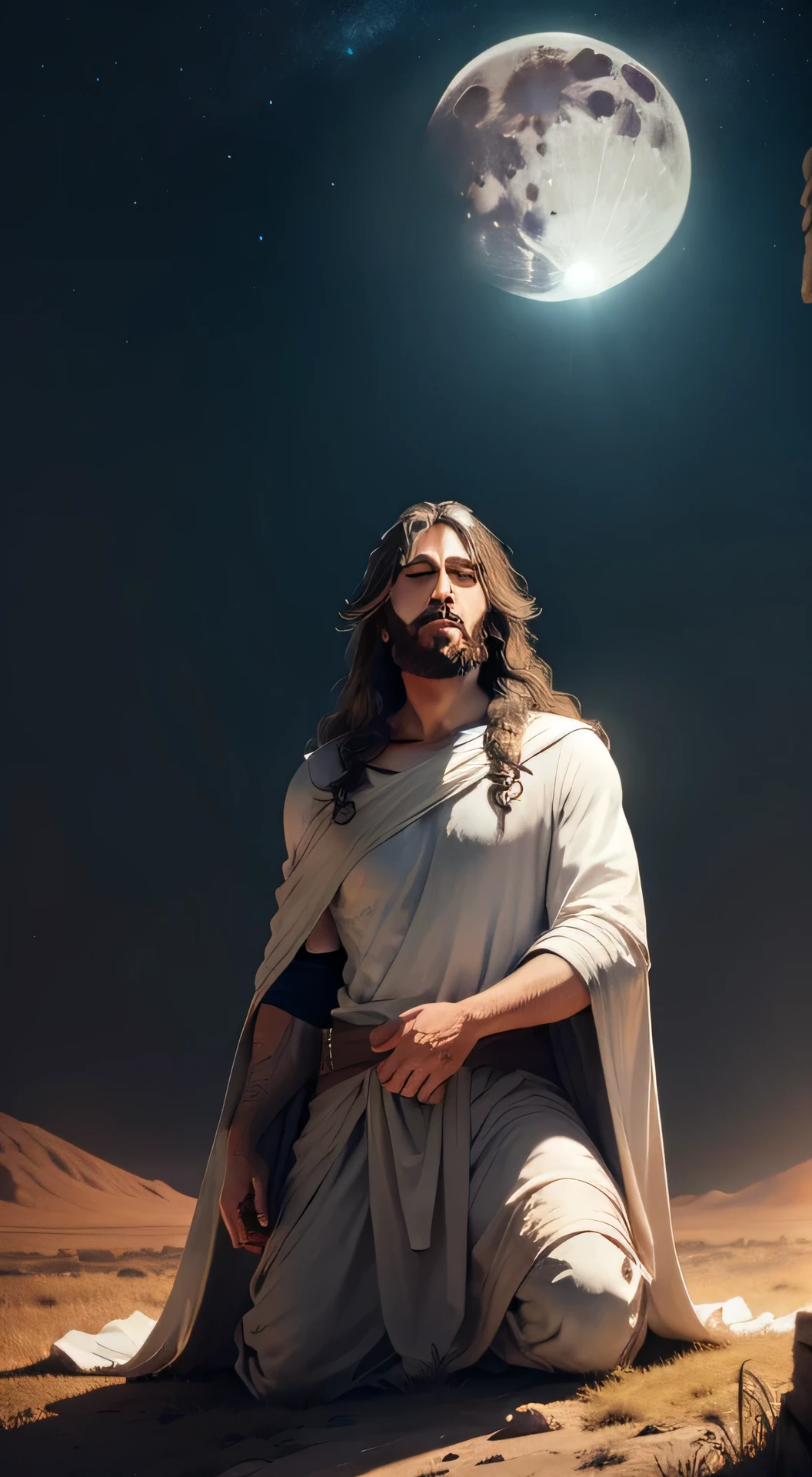 Jesus Christ with his face leaning upwards kneeling on top of a hill and a giant full moon behind illuminating.