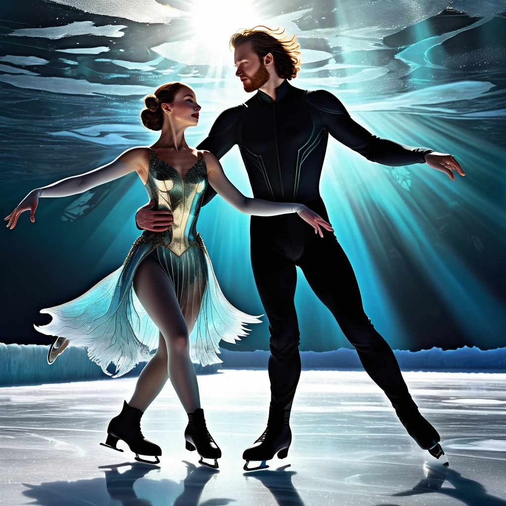 A beautiful pair of figure skaters and a figure skater are skating on ice. they dance on the ice Transparent as glass on the sea. There are huge fish and kraken under the ice. The sun's rays, Beautiful faces. Digital art Photo in the style of Steven Maisel. Hyperdetalization. 32k . Hyperrealism., neon ambiance, abstract black oil, gear mecha, detailed acrylic, grunge, intricate complexity, rendered in unreal engine, photorealistic, sharp focus, studio photo, intricate details, highly detailed,. High Resolution, High Quality, Masterpiece. best quality, masterpiece, super detail