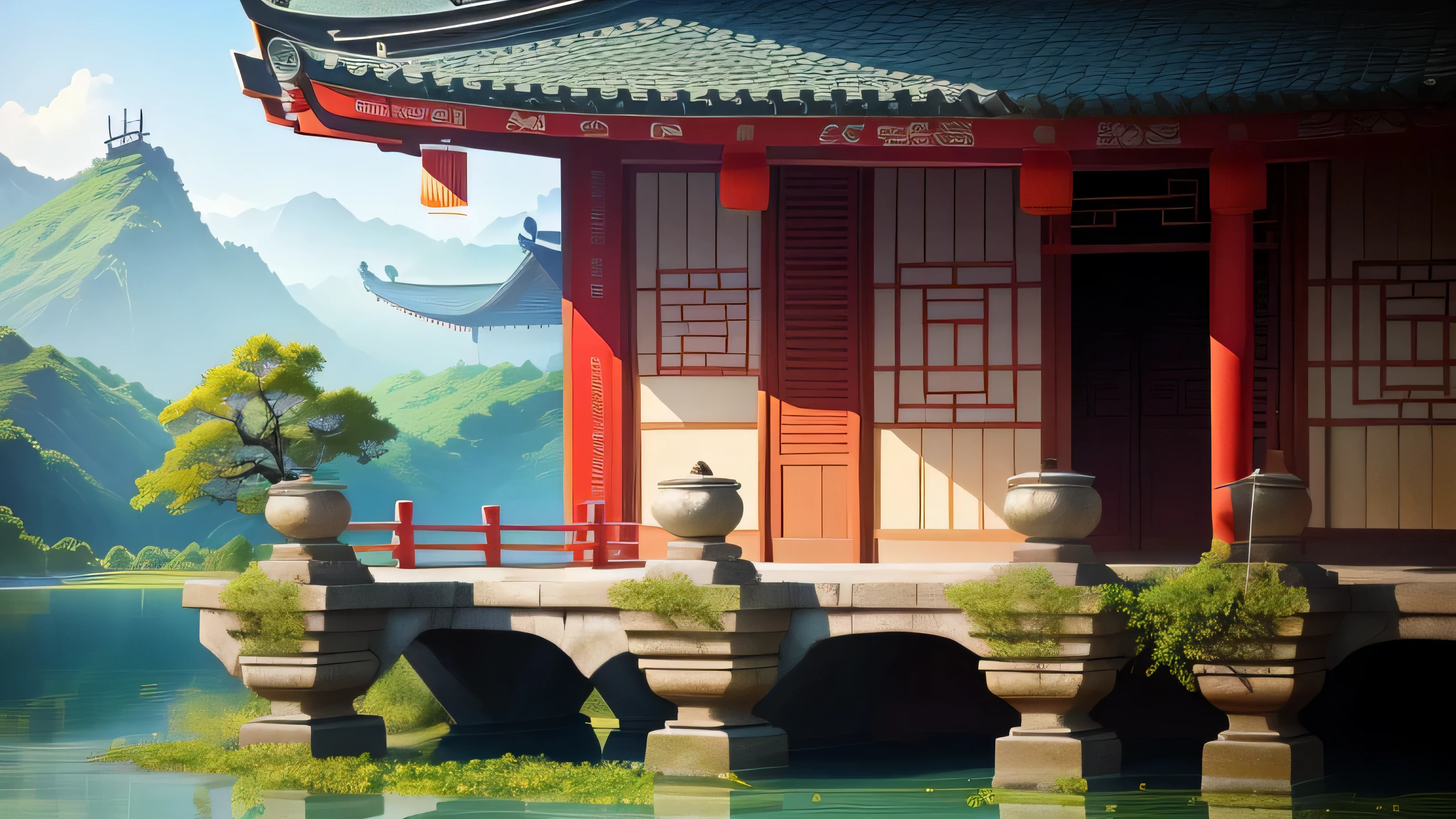 Chinese architecture,stone table, railing,lake water,blue sky