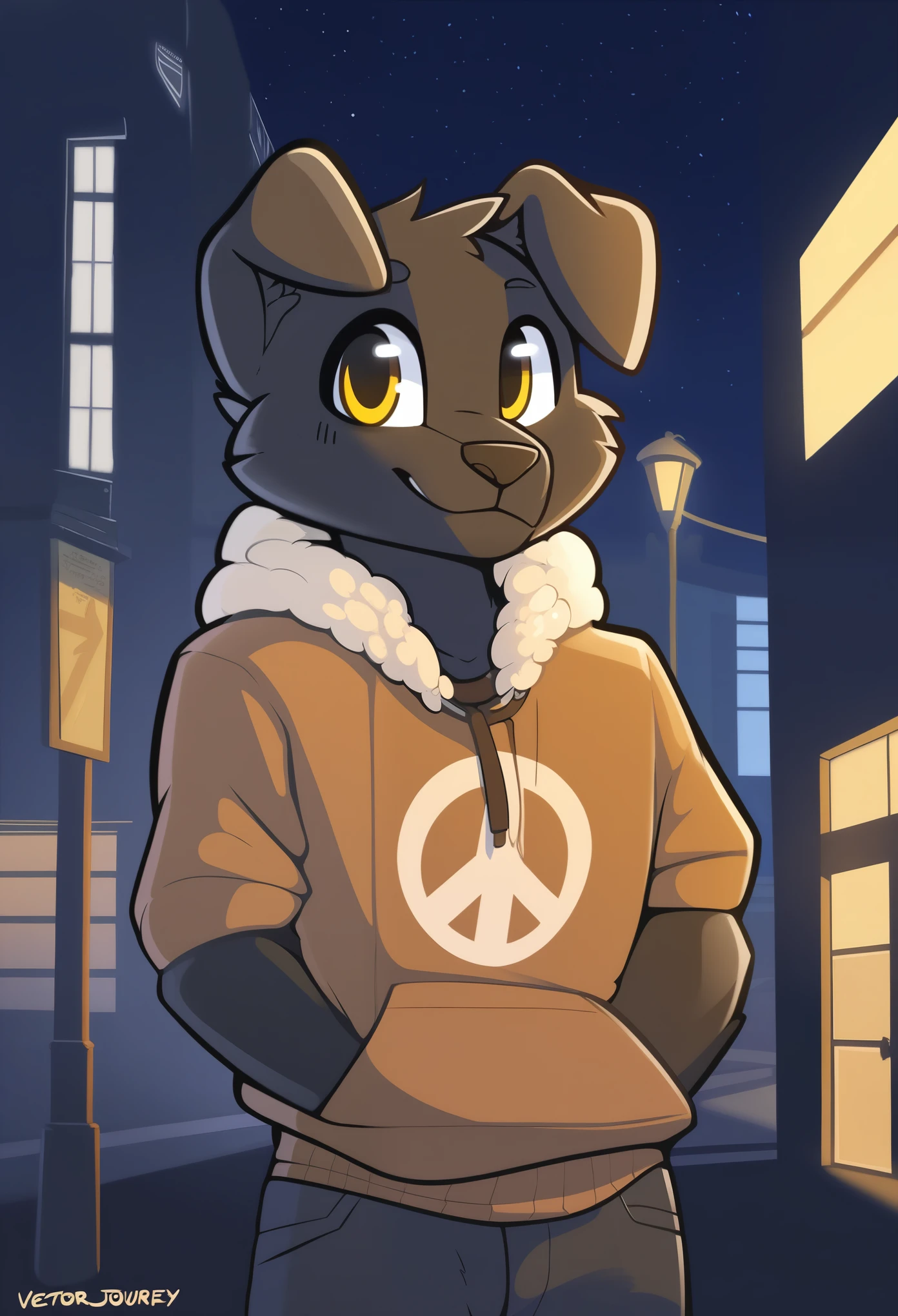 top-quality,best qualityer,rzminjourney,vectorial art,High quality illustrationtiz,tmasterpiece)(komono,furry anthro),round form,Bust,the street,(Boy black humanoid dog:1.2), Smiling warmly,Flashing friendly peace signs,Super detailed illustration,solo person,Dark night,Dark streets