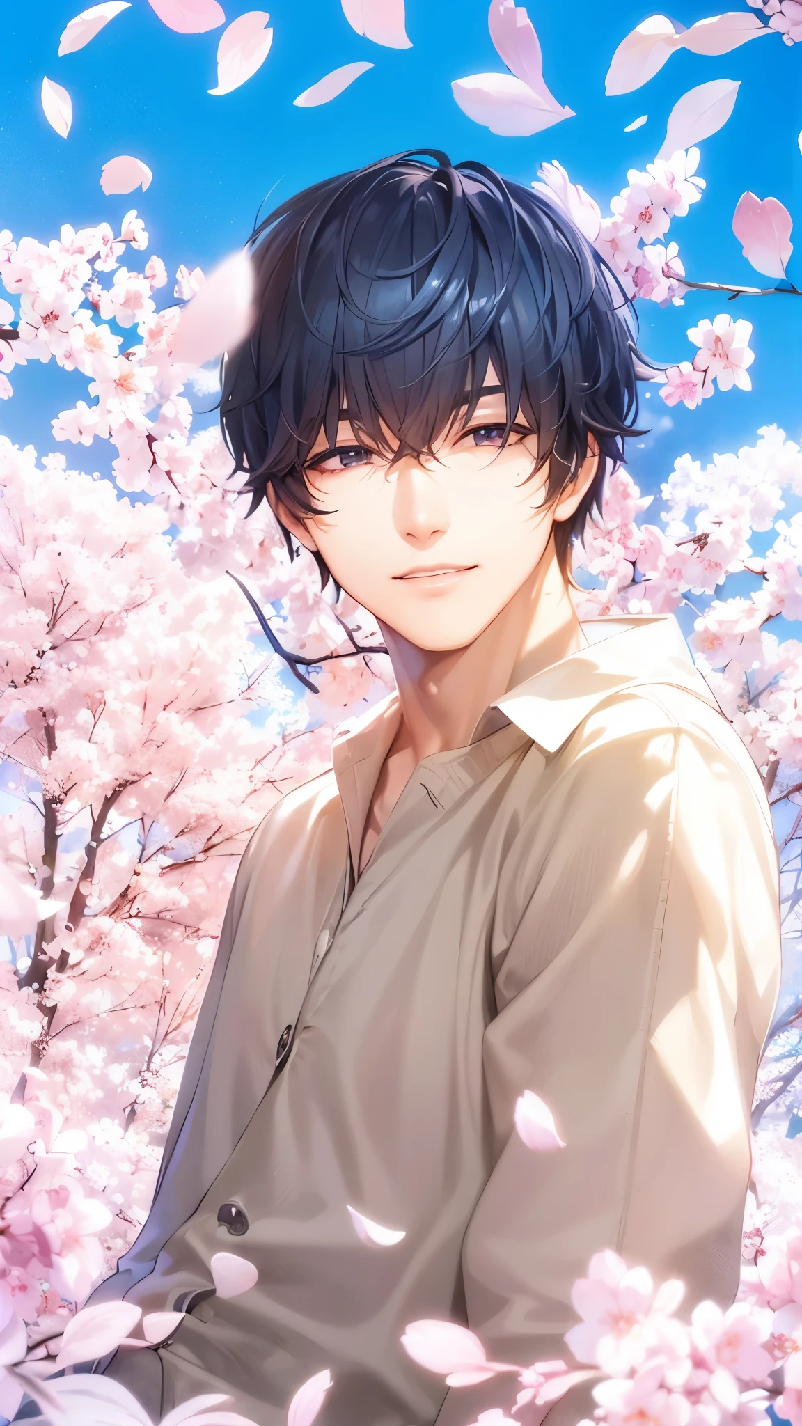 a handsome guy、serious expression、please close your mouth、cherry blossoms、cool look、Highly Detailed CG Unity 8K Wallpaper, (super masterpiece, beautiful person, well detailed face polluted smile, It&#39;s photorealistic, hyper realistic)Adult and cool