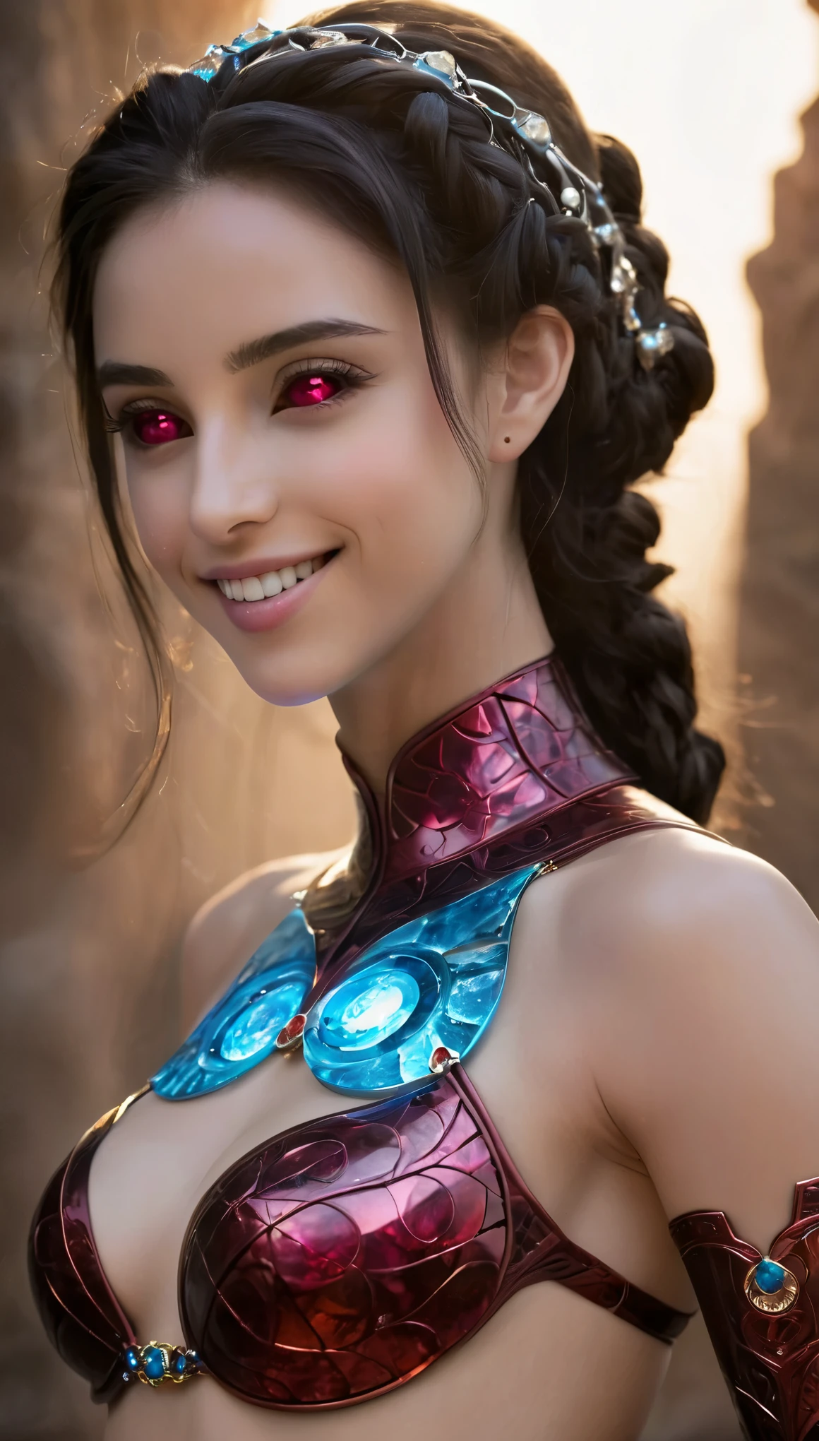 (1 beautiful teenage Saudi Arabian girl:1.6),(wears pearl white bodysuit with beautiful fractal or marble design:1.5),(She wears gauntlets with a detailed and very beautiful design decorated with jewels:1.6), ((She is showing her armpits:1.6)), (erotic pose:1.6), (model pose:1.6), incredibly spectacular scene, ((high quality)), ((fantasy)), blue plasma brain, green plasma body, obscene, average, (despicable:1.2), (immoral:1.2), (Small breasts with beautifully raised pink areolas:1.5), (expression of ecstasy:1.2), hyper realistic photo, official art, Unity 8K Wallpaper, 8K portrait, high quality, very high resolution, (incredibly beautiful nature background:1.6), (18-year-old:1.5), (sexy and glamorous:1.1), (coquettish expression:1.6), (smile seductively:1.6), beautiful seductive face, portrait, (thick eyebrows:1.4), Beautiful eyes with high bilateral symmetry, (highly detailed eyes:1.4),(highly detailed face and eyes:1.7), (High resolution ruby eyes:1.8),  (Super detailed skin texture:1.4), super detailed dark skin, perfect ???????, thin, (Beautiful muscular toned body:1.6), highly detailed jet black hair,  (moist skin:1.2), no makeup, (Bear:1.1), excellent ???????, Focus plane, good looking, (Emilia clarke:0.1) (Emma watson:0.3),(Jennifer connelly:0.24),  (A delicately crafted necklace is wrapped around her neck), (Bioluminescence with a brilliant glow:1.4), (Shining magic circle:1.5), ruins of an ancient castle, Shining majestic clouds and sky, lightning, spectacular realistic, (Greg latkowski:0.8), (teal and orange:0.4), (art station:1.5), cinematic, (NSFW:1.6), dramatic light, (intricate details:1.1),Milky Way, (nebula:1.6), dark Knight, Focus on fully armored body