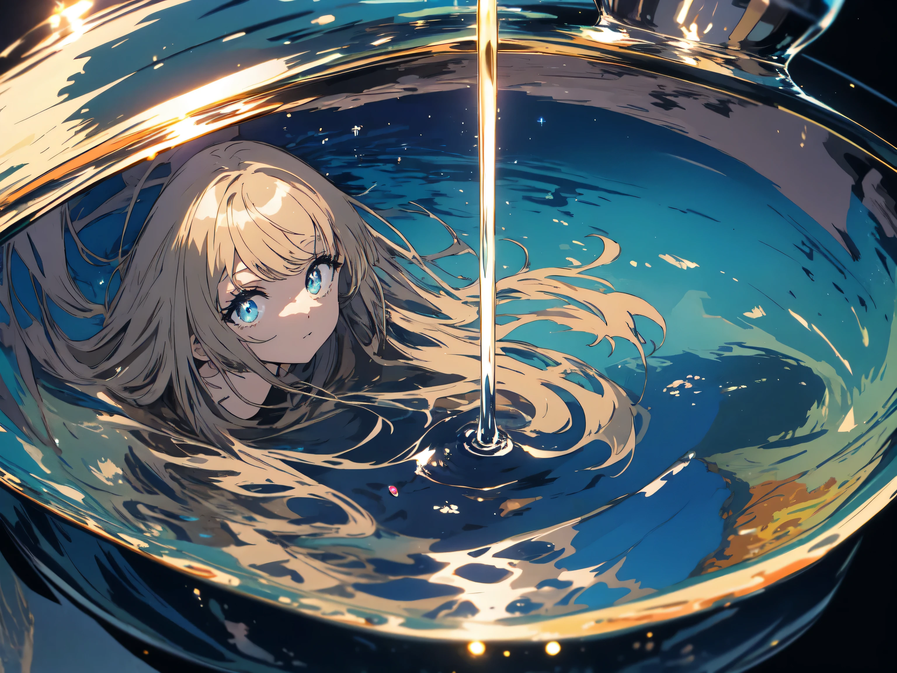 (highest quality、masterpiece、High resolution、be familiar with),(shining eyes、be familiar with美しい顔),1 girl,In a big bottle with a lake in it,floating,wonderful、beautiful anime