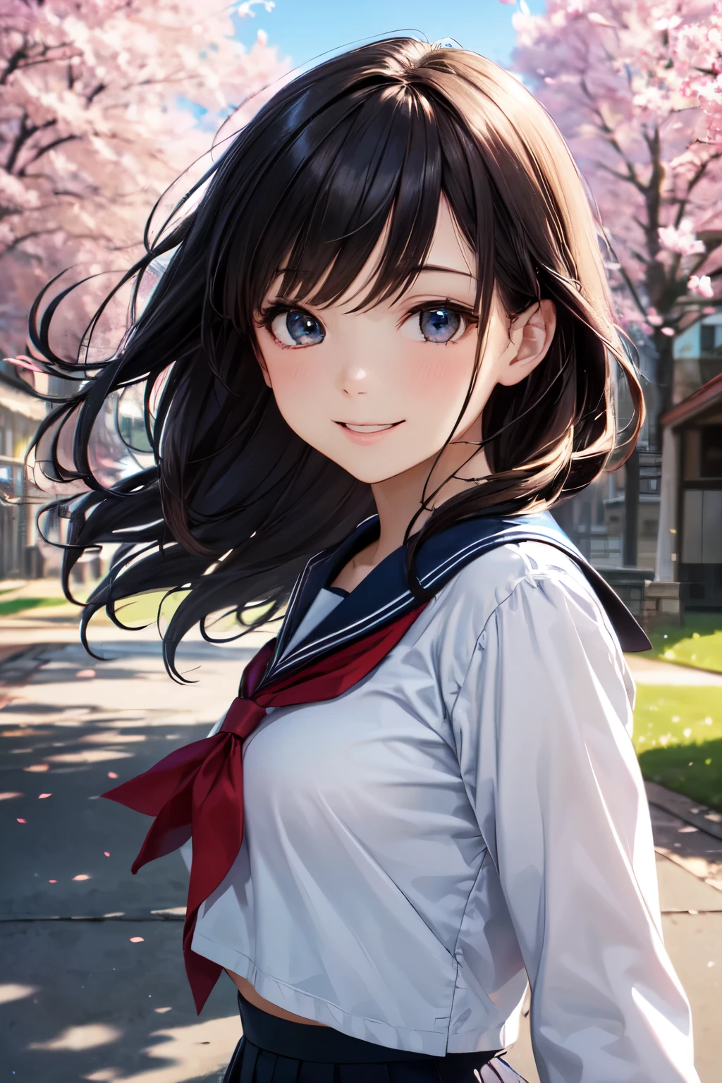 very cute and beautiful girl,(highly detailed beautiful face),
sailor ,long sleeve,(navy blue pleated mini skirt),
(smile),happy,looking at viewer,black hair,school entrance with stone gate,cherry blossom,
(best quality,masterpiece:1.2),absurdres,highres,ultra-detailed,extremely detailed,32k,8k resolution,
intricate details,cinematic scene,detailed background,solo,dynamic angle,
natural lighting,hair fluttering in the wind,beautiful detailed sky,(realistic),