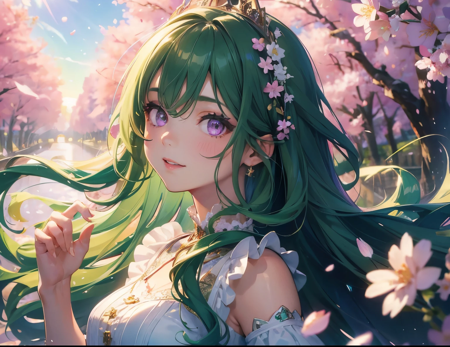 ((masterpiece,High resolution,8K quality,highest quality)),1 girl,((highly detailed face)),woman,delicate eyes,((purple eyes)),((hairstyle:Wavy long hair,green hair)),Lens flare,dramatic makeup,Diffuse reflection of smile light(Colorful:1.5),cherry blossoms,Petals flutter,white lace clothes,white high heels,whole body,cherry blossomsの木,