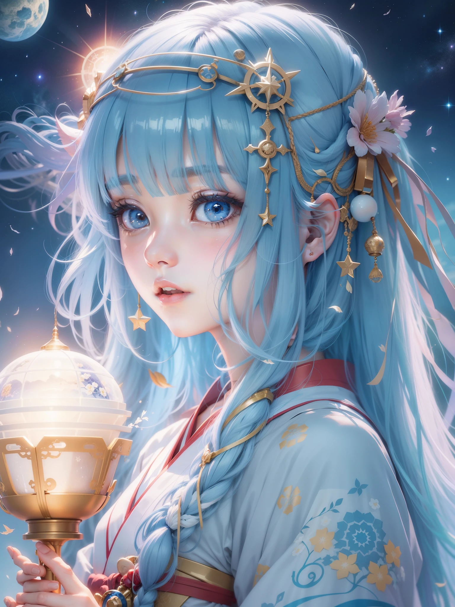 outer space、Light、Bangs are thick、Beautiful woman with long straight blue hair、shrine maiden