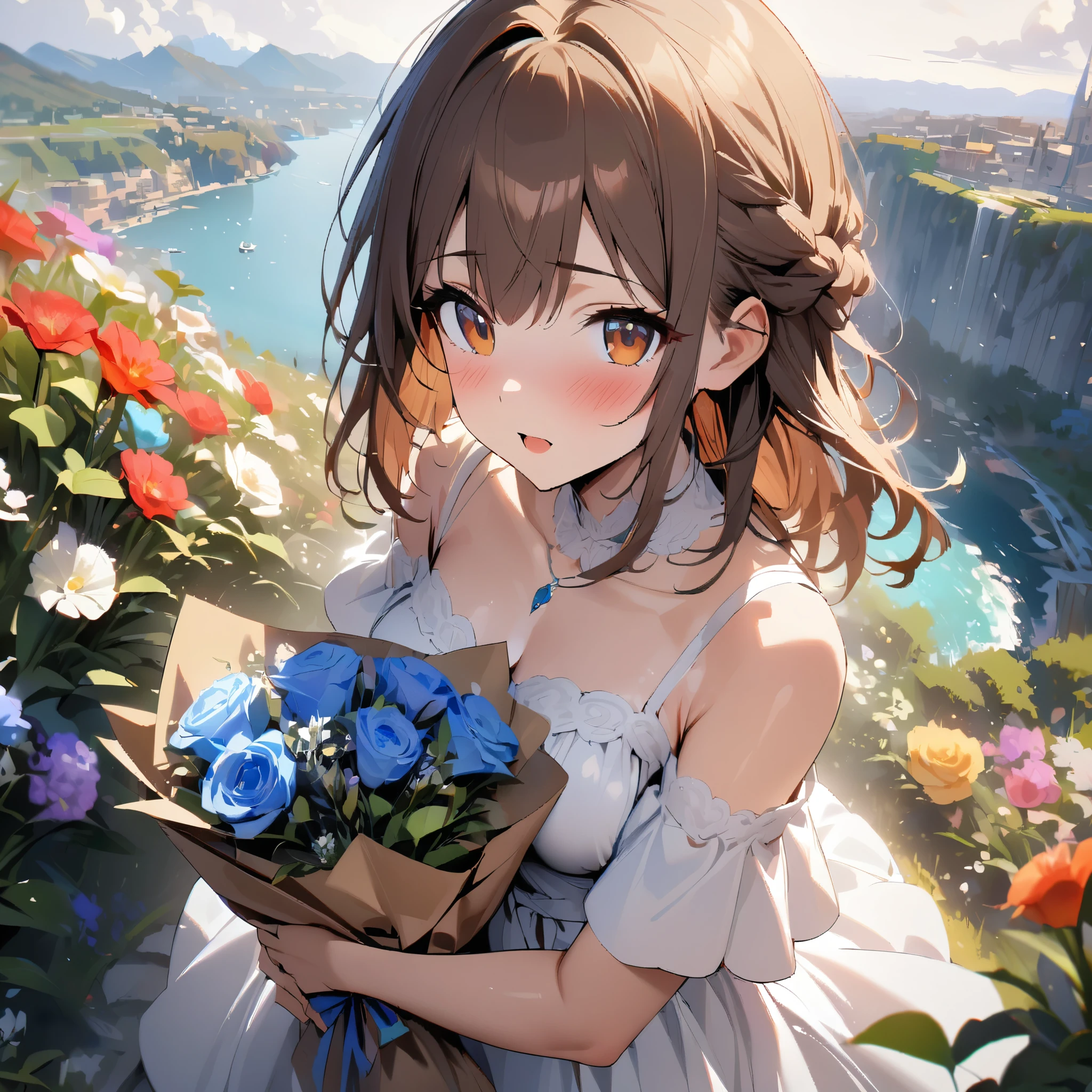 1girl，brown hair，corolla、have a bouquet、white dress、woman wearing a dress、flower garden、masterpiece、highest quality、detailed、8K、ultra-detailed、magnificent view