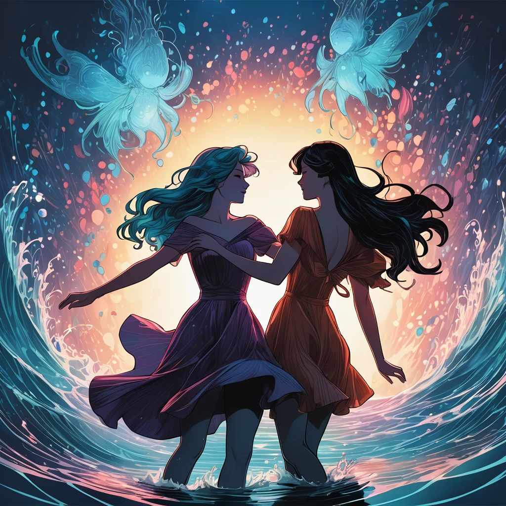 People Dancing on the Sea Surface, aesthetic, extremely detailed, People Dancing on the Sea Surface, Bioluminescent, in the Style of Artgerm and Charlie Bowater and Atey Ghailan and Mike Mignola, vibrant colors and hard shadows and strong rim light, Comic Cover Art, plain background, trending on artstation