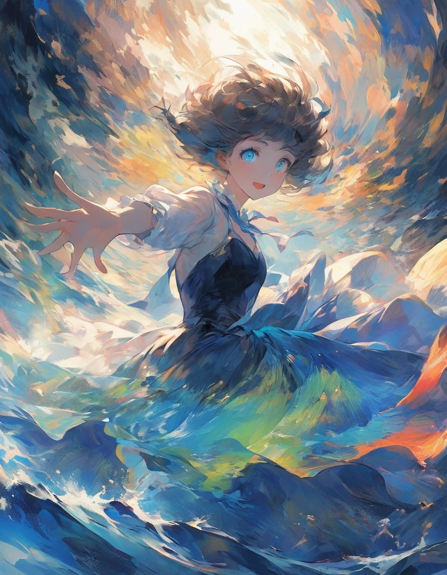 A captivating and surreal animated scene where people dance gracefully on the surface of the sea. The characters are a blend of Japanese anime and Van Gogh's vivid style, with bold colors and dynamic compositions. The sea is alive with the vibrant energy of the dancers, as their silhouettes merge with the ever-changing hues of the water and sky. The characters' emotions are expressed through exaggerated gestures and expressive eyes, evoking a dreamlike atmosphere that transports viewers to a realm of pure imagination.