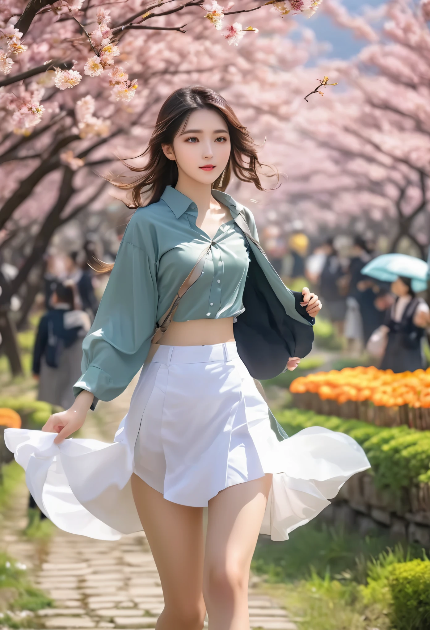 (Raw photo:1.2), (realistic), beautiful detailed girl, highly detailed eyes and face, thin and beautiful eyes, huge file size, High resolution, very detailed, highest quality, [table top:1.6], shape, very detailed, small details, highest quality, 8k wallpaper, movie lighting,  multiple Japanese schoolgirls, 3 female students, flower々A spring plateau in full bloom, Wind so strong that you can&#39;t stand, In the strong wind, all the female students&#39; skirts are lifted up and their panties are visible., In the warm highlands of spring, Extremely strong winds , シャツが開いて白いbra is visible, The wind opens the front of my shirt, bra is visible, her shirt blows away in the wind,  Their skirts fly up in the strong wind, I can see white panties, slender body, young face, small breasts, exposed underwear, Warm spring storm scene, spring scenery, many spring trees, Female students stand to avoid being blown away by strong winds