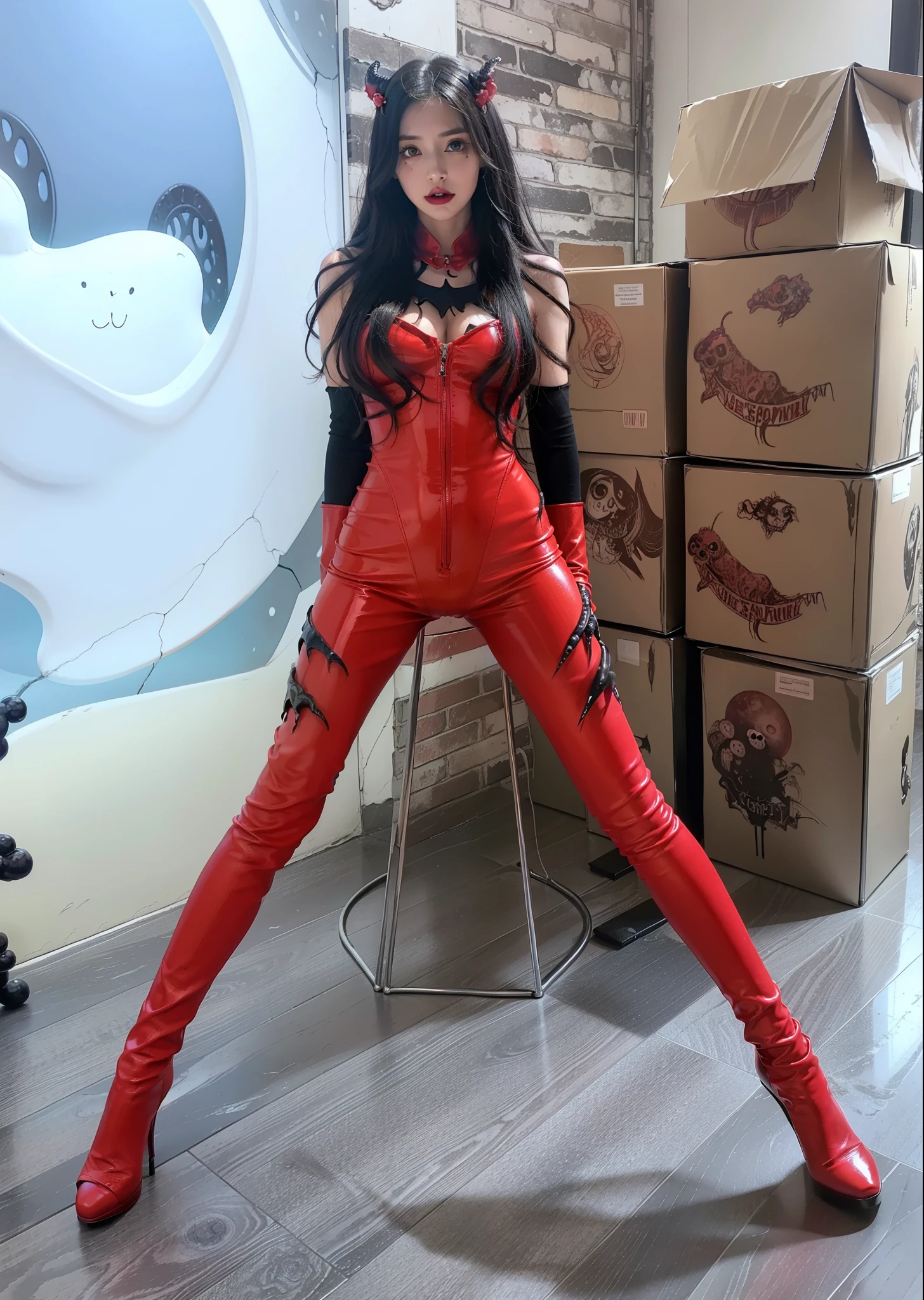 Detailed image quality,pandora witch,wing, succubus theme,堕落Angel,Excellent,scary,secret horror,tentacle,have eyes,uncanny valley effect,little beast blood moon,skeleton,vampire,Hellfire,dark queen,Angel,magician magic witch,red gloves,Red high heeled boots,Tight jumpsuits