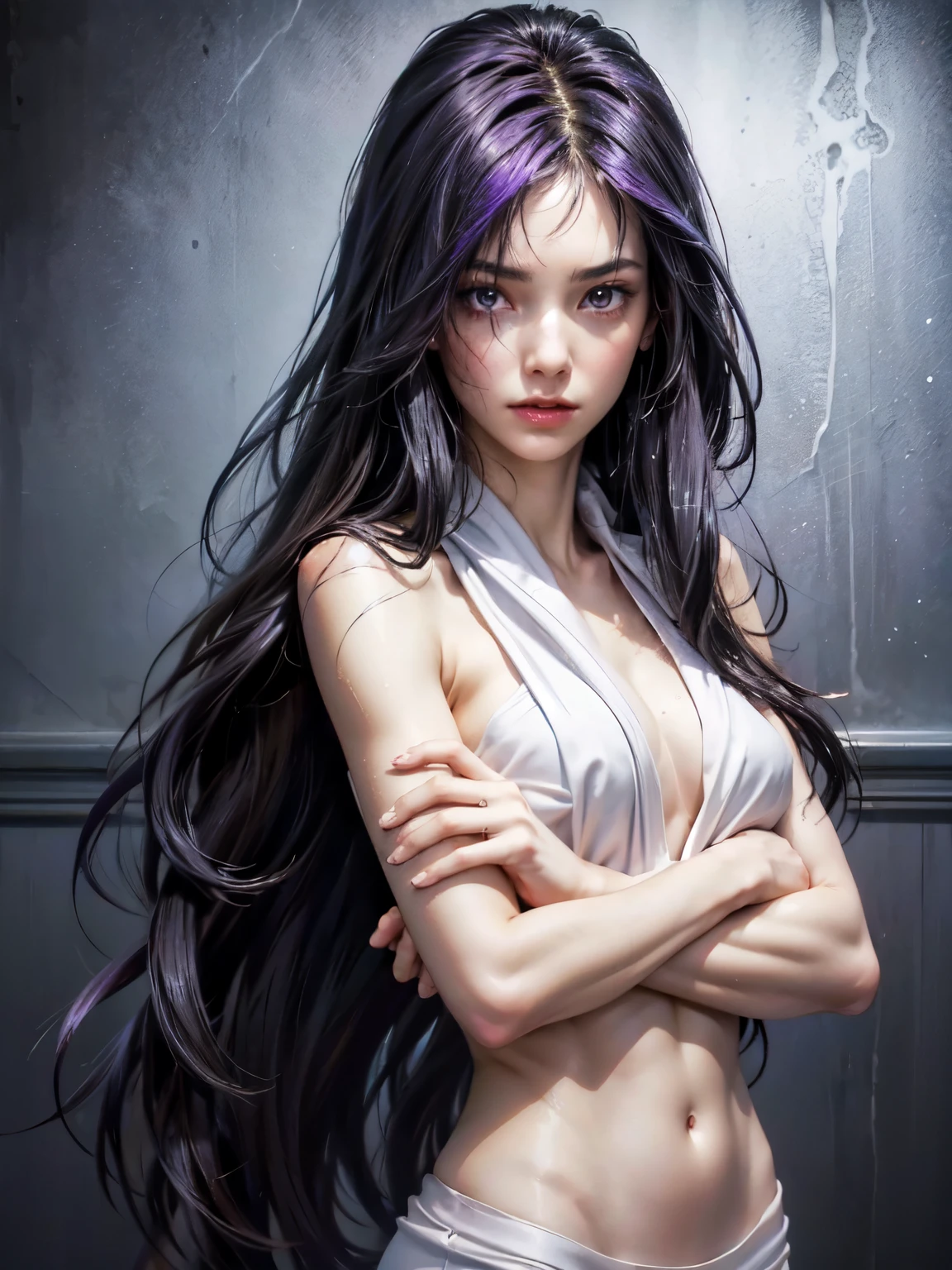 8k, (stand:1.3), full height, slim and fit young girl, perfect medium breast, slim waist, long dark purple straight hair, a lock of hair hides the right eye, burn scar, burn mark on right side of face and body, carefully drawn hands, simple white background, headtowel, body wrap towel after shower, wet hair, wet skin