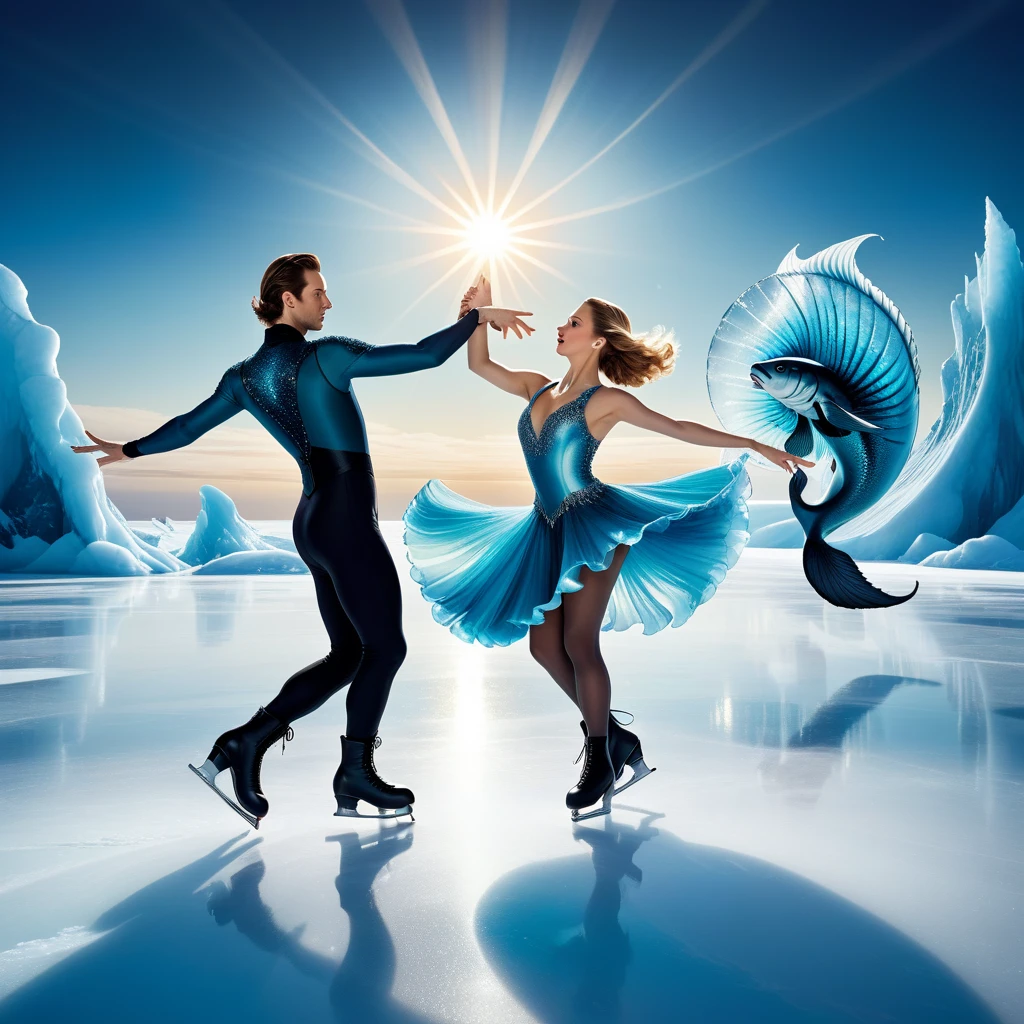 Hi. Make me a figure skating outifts for female and male pairing. Their outfits are in butterfly theme, with blue and black colours.