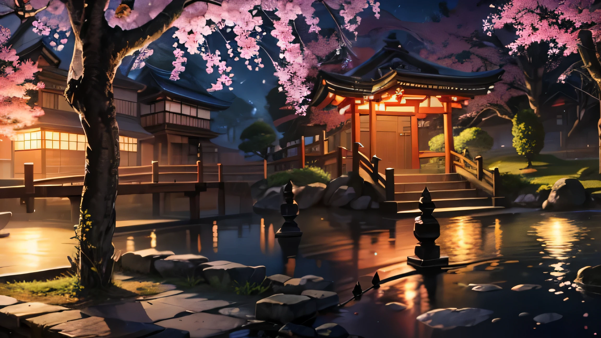 Arafed Tower in a park with a pond and a bridge, Japan at night, Japan at nightの街で, Japanese cities at night, cherry blossom forest, japanese landscape, Japanese garden, Japanese cities, beautiful image, japanese temple, lush japanese landscape, japanese nature, !!beautiful!!, Inspired by Kyoto, Spring evening, mysterious atmosphere, in Japanese garden, japanese shrine