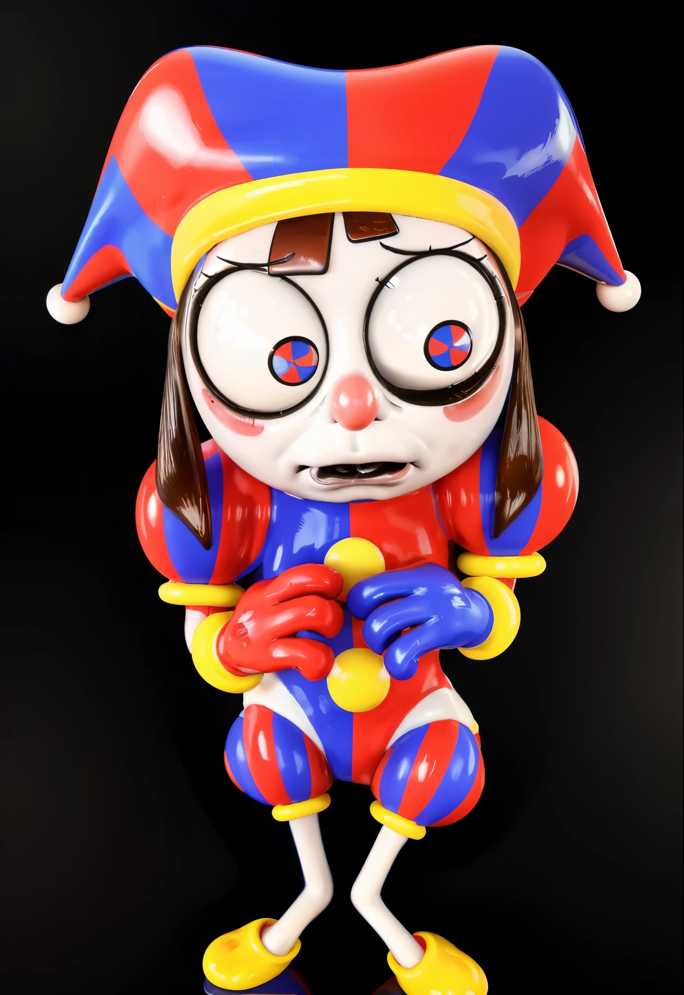 cartoon clown with a sad face and a clown hat, cutecore clowncore, jester, clown girl with white face, creepy clown girl, stylized 3 d, glossy texture, smooth 3d model, chewing body, glossy plastic texture, 4k, realistic, rim light, digital illustration
