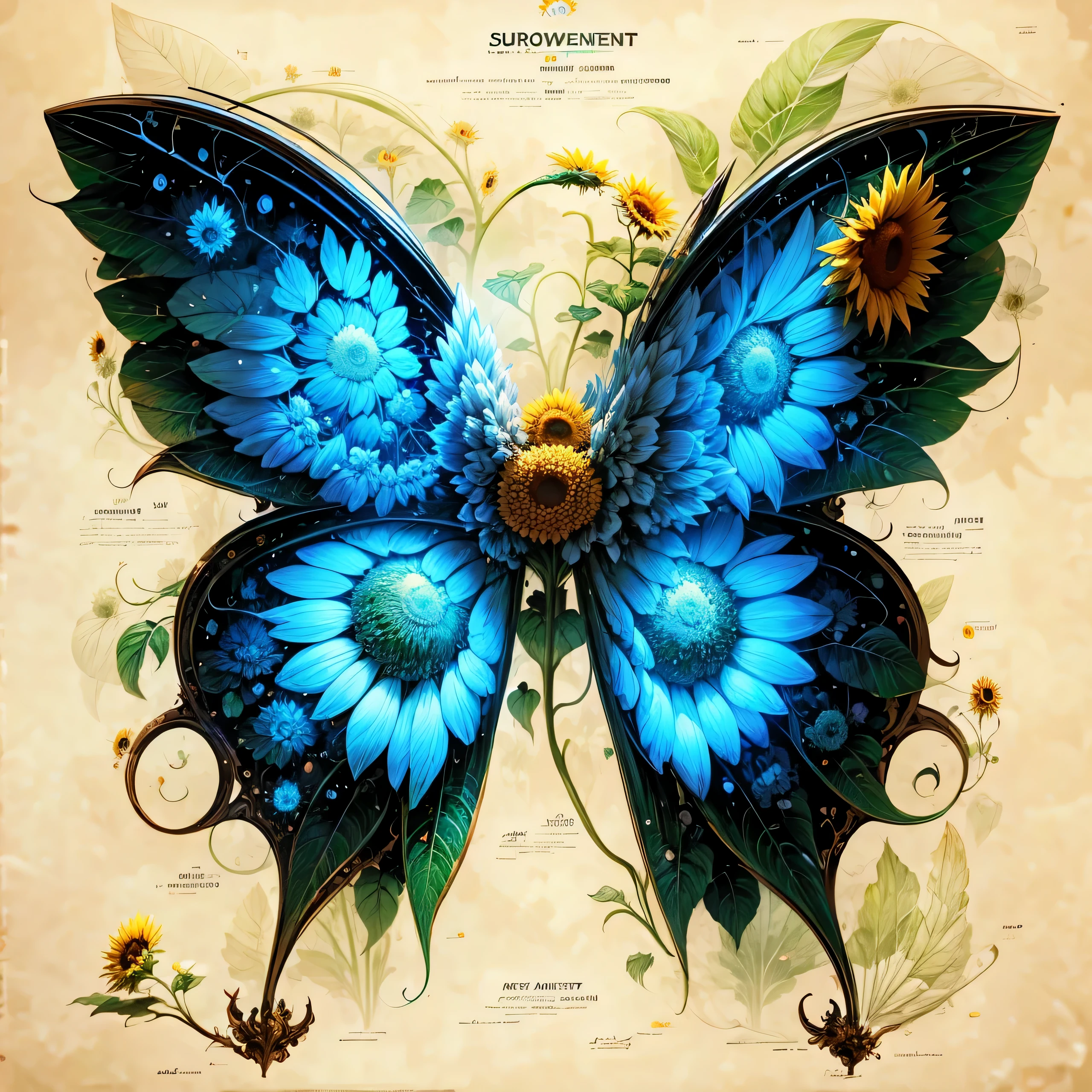 There is a big sunflower between the wings,sunflower element