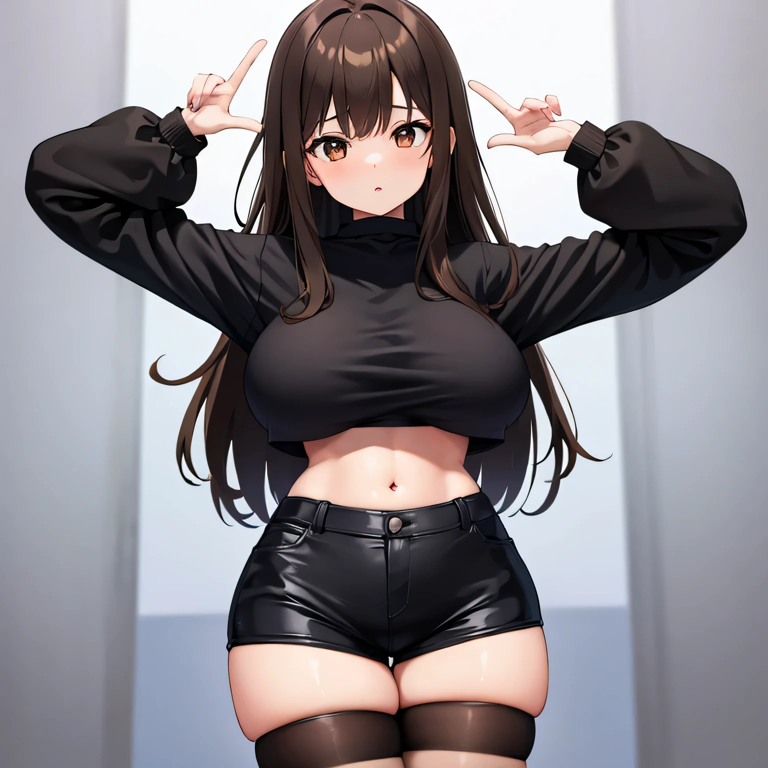 1girl, solo, large breasts, large thighs, brown hair, brown eyes, black crop top blouse, black shorts, standing, cute pose