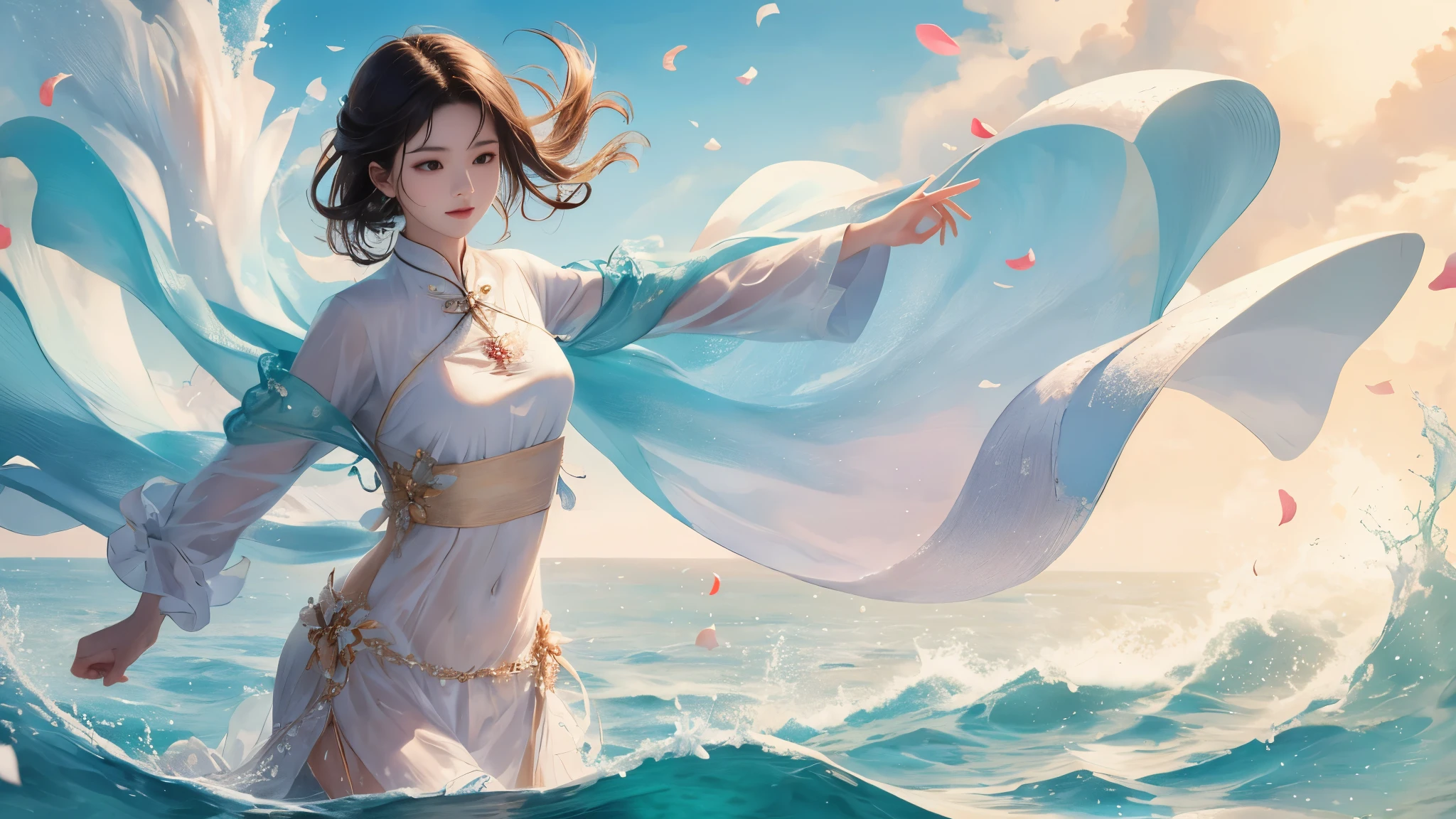 sea,Flower petals floating on the waves,burst of inspiration,sea高高的海良,long sleeves,Dance,best quality,Fantastic scenes,魔幻的sea