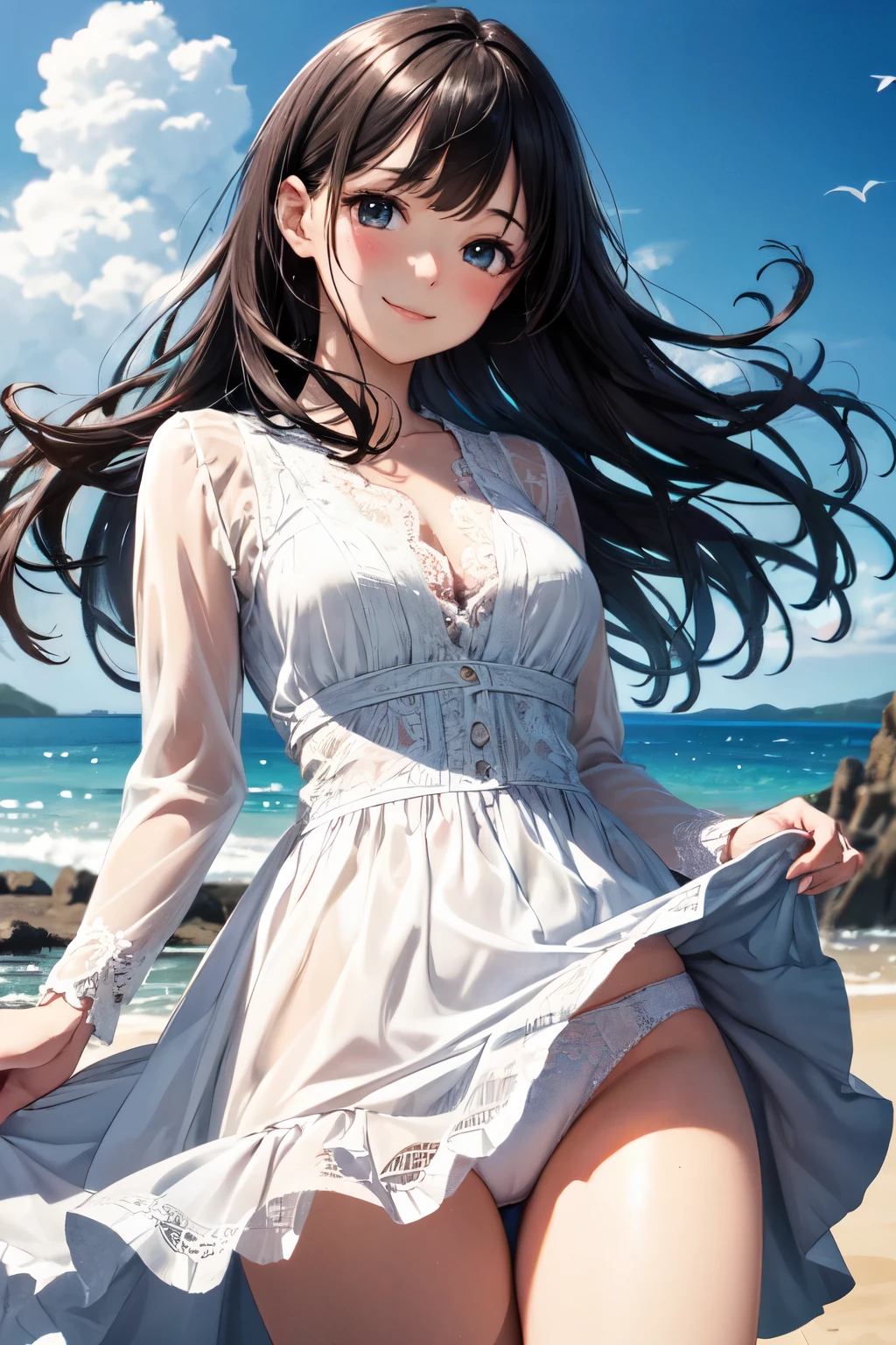 very cute and beautiful girl,frilled white summer dress with detailed lace,(highly detailed beautiful face),
(smile),blush,black hair,looking at viewer,cowboy shot,(skirt lift,white panties),
beach,distant rugged cliffs,
(best quality,masterpiece:1.2),absurdres,highres,ultra-detailed,extremely detailed,32k,8k resolution,
intricate details,cinematic scene,detailed background,solo,dynamic angle,
hair fluttering in the wind,beautiful detailed sky,
(realistic),