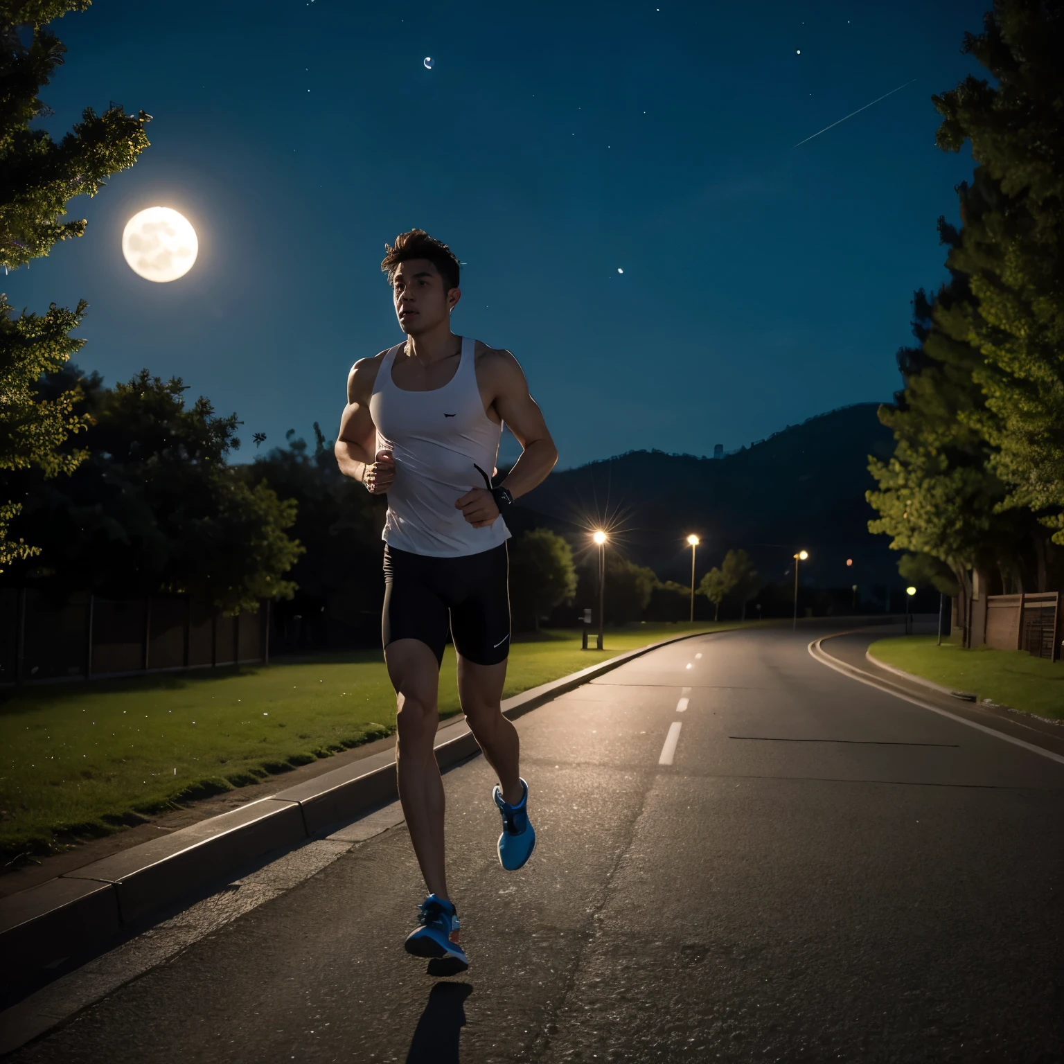 Beautiful man running at night under the moonlight