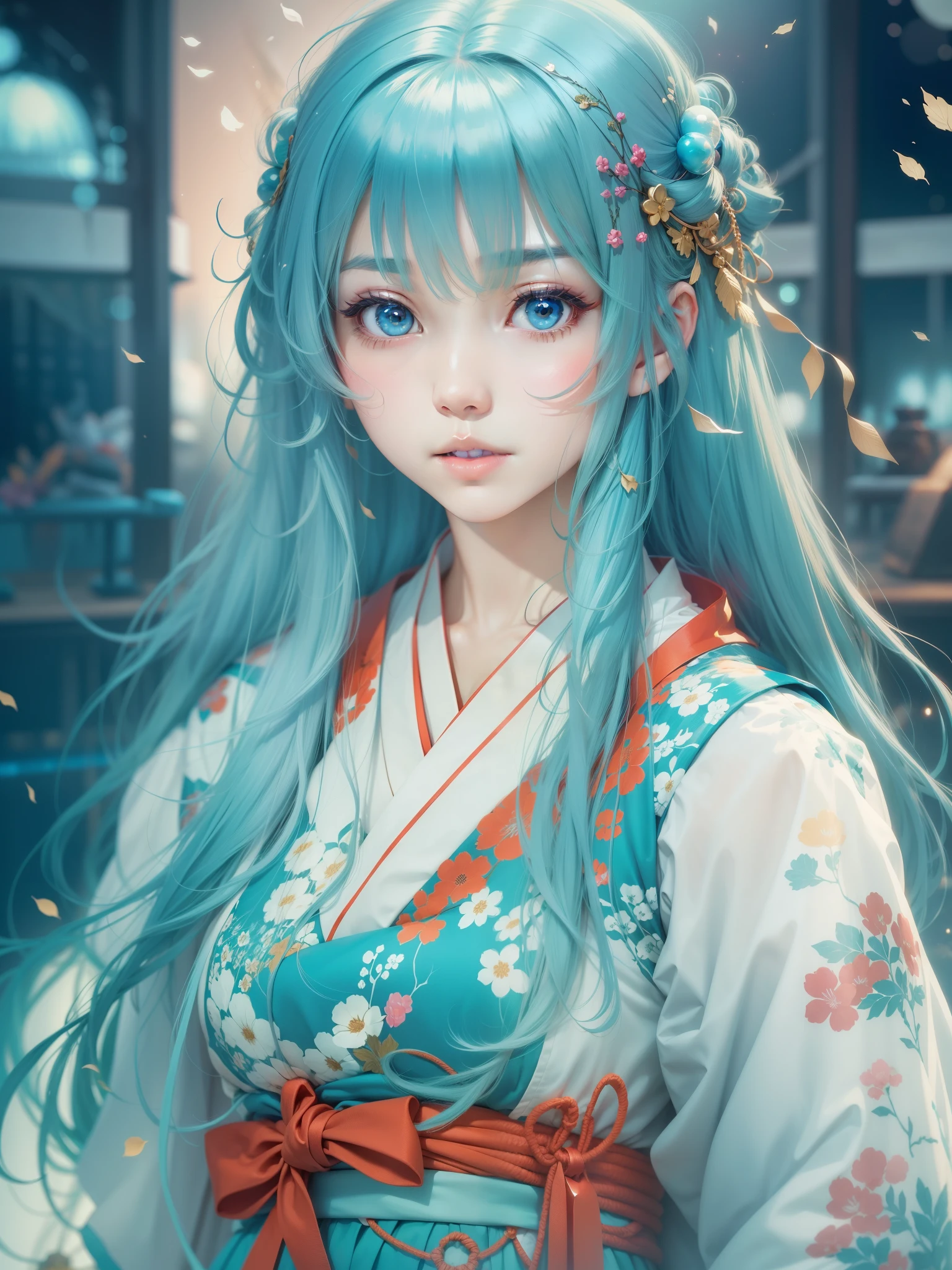 The background is space、Light、Bangs are thick、Beautiful woman with long straight blue hair、shrine maiden